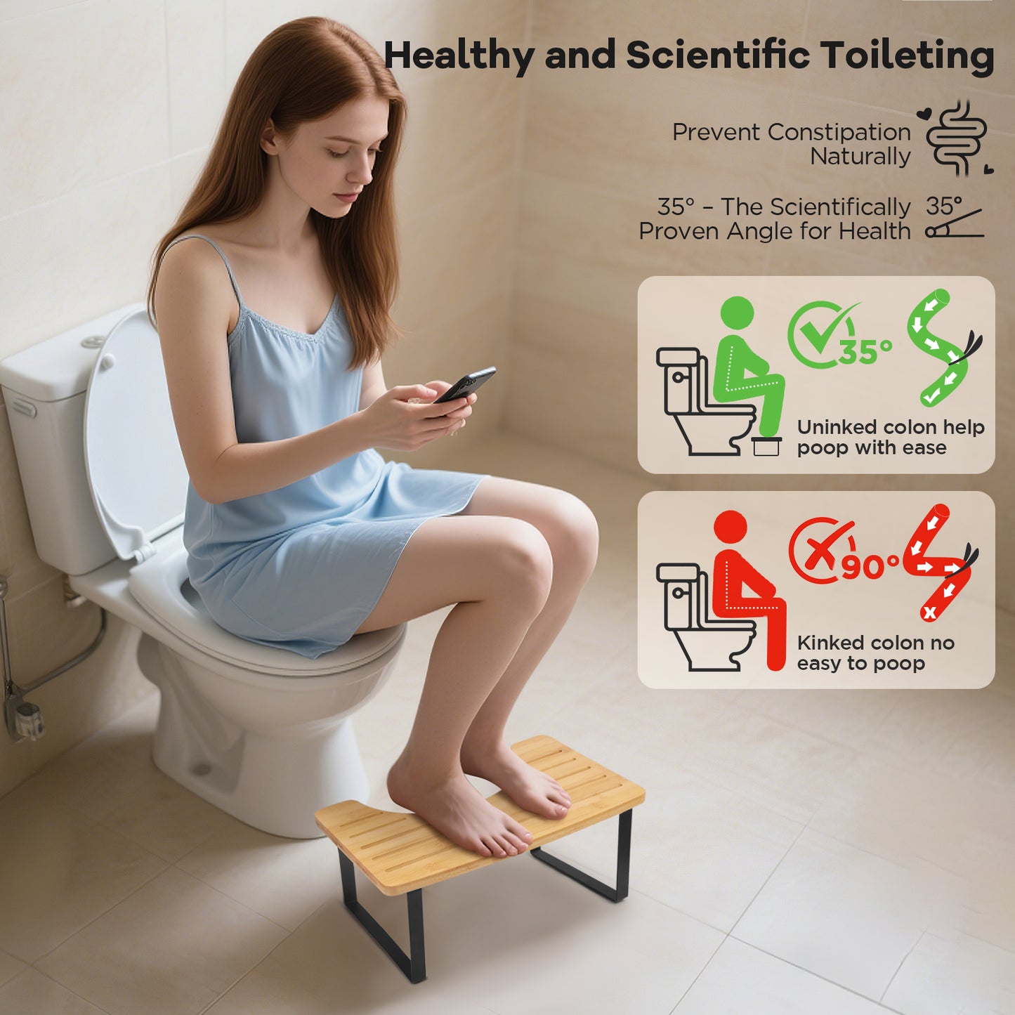 Tabouret WC Ergonomique Bambou – Repose-Pieds Toilette Pliable Antidérapant Salle de Bain