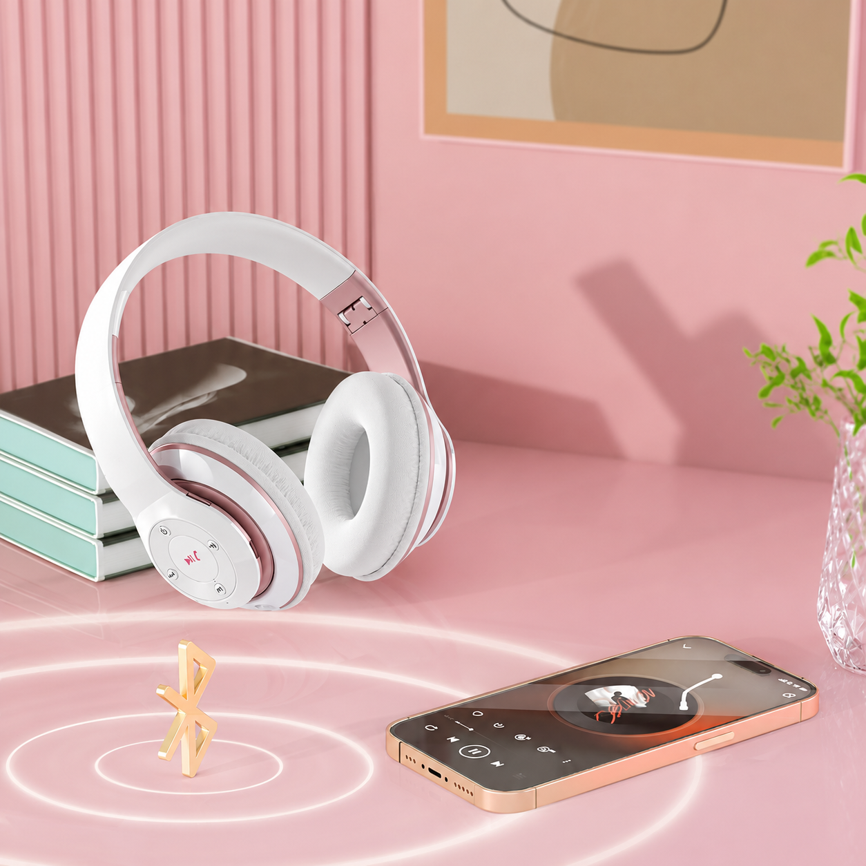 Casque Bluetooth 5.3 Sans Fil – HiFi, Réduction de Bruit, 65H, Carte TF, Radio FM, Rose