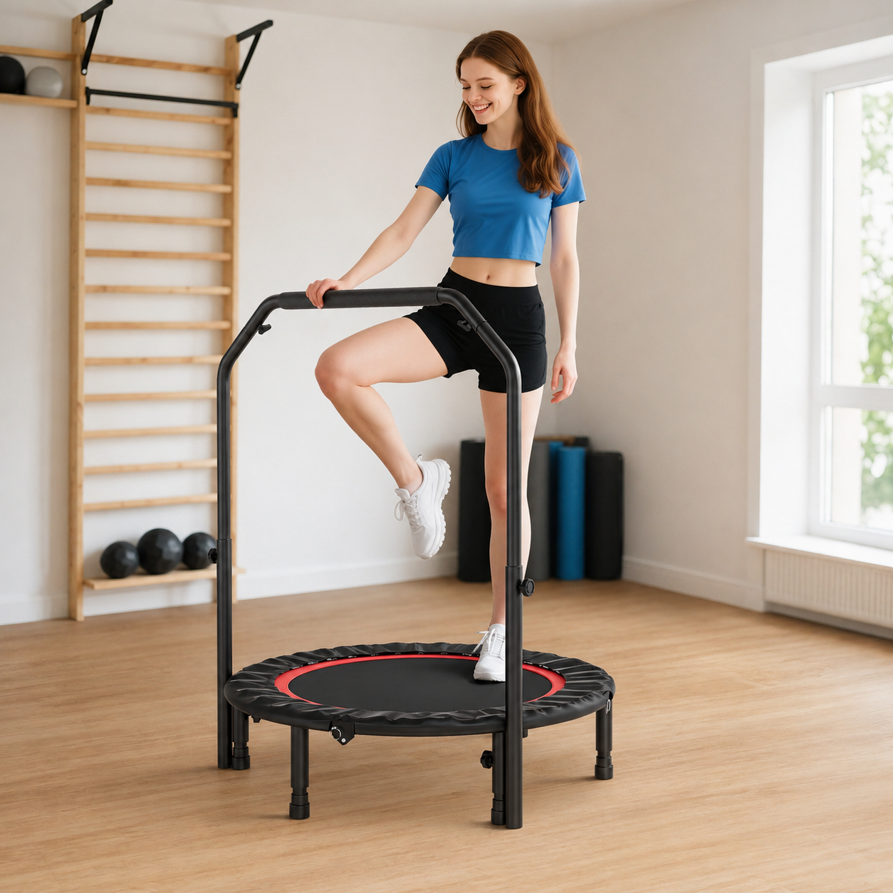 Mini Trampoline de Fitness 102 cm – Barre Réglable & Bandes de Résistance | Cardio & Musculation à Domicile