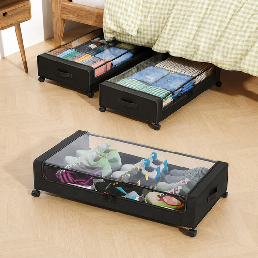 Lot de 2 Boîtes de Rangement Sous Lit à Roulettes avec Couvercle Transparent – Organisateur de Chaussures, Vêtements et Couettes – Bac de Rangement Gain de Place Chambre