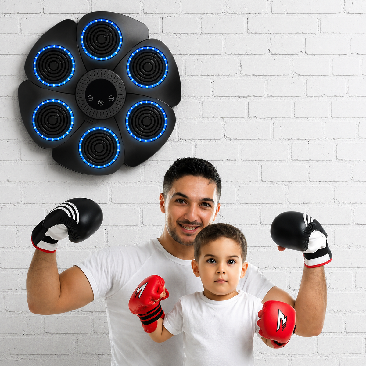 Máquina de Boxeo Musical de Pared – 6 Blancos LED Interactivos – Fitness y Reflejos – Conexión para Smartphone – Guantes Incluidos