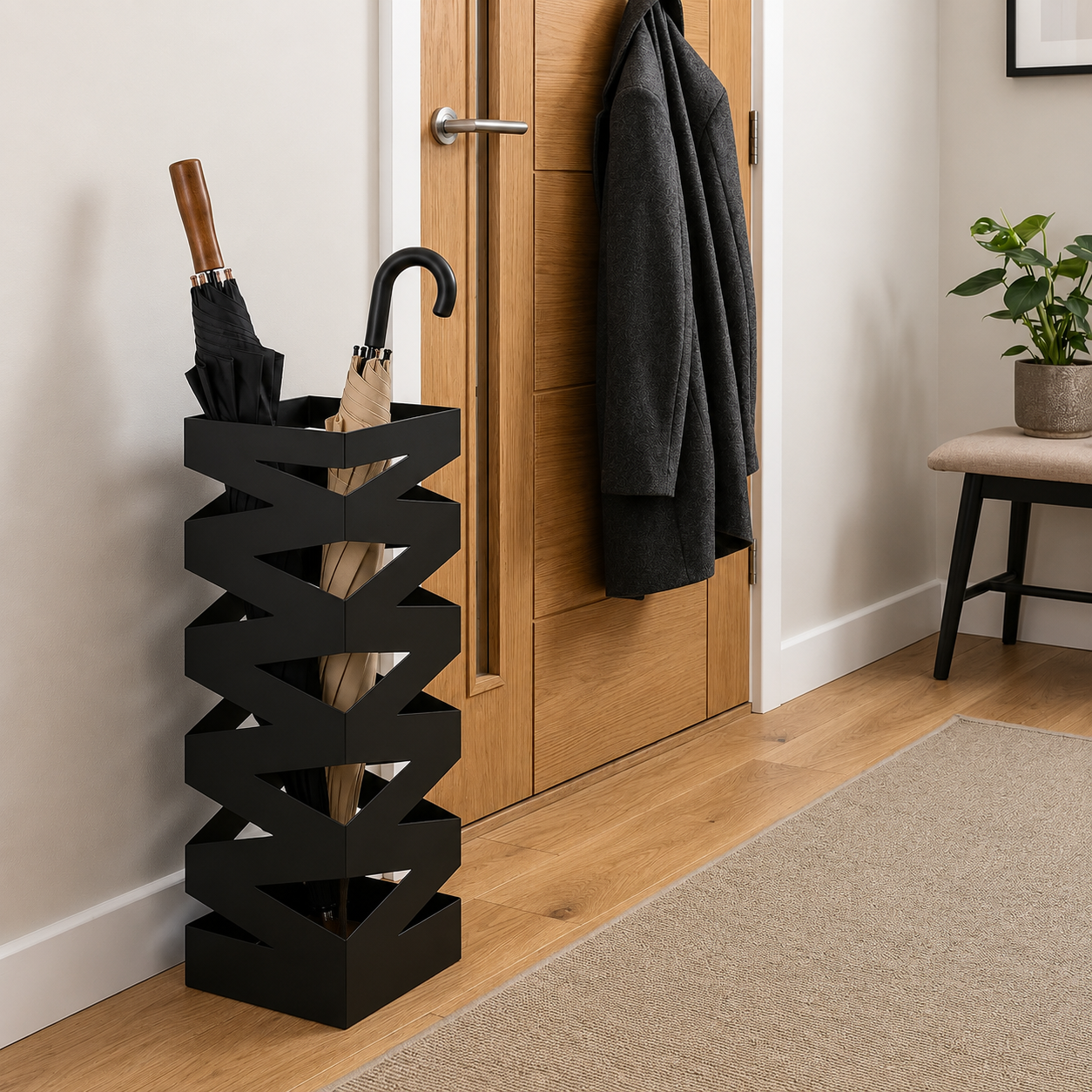 Porte-Parapluies Métal Design 49 cm – Support de Rangement pour Parapluies, Cannes et Bâtons de Marche – Organisateur d’Entrée Moderne Noir
