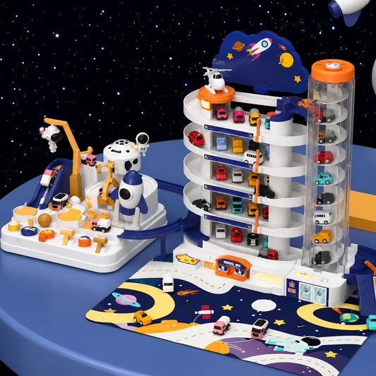 Circuit de Voitures Spatial 2 en 1 – Parking À Étages, Rampe & Voitures Incluses – Enfant 3 ans+