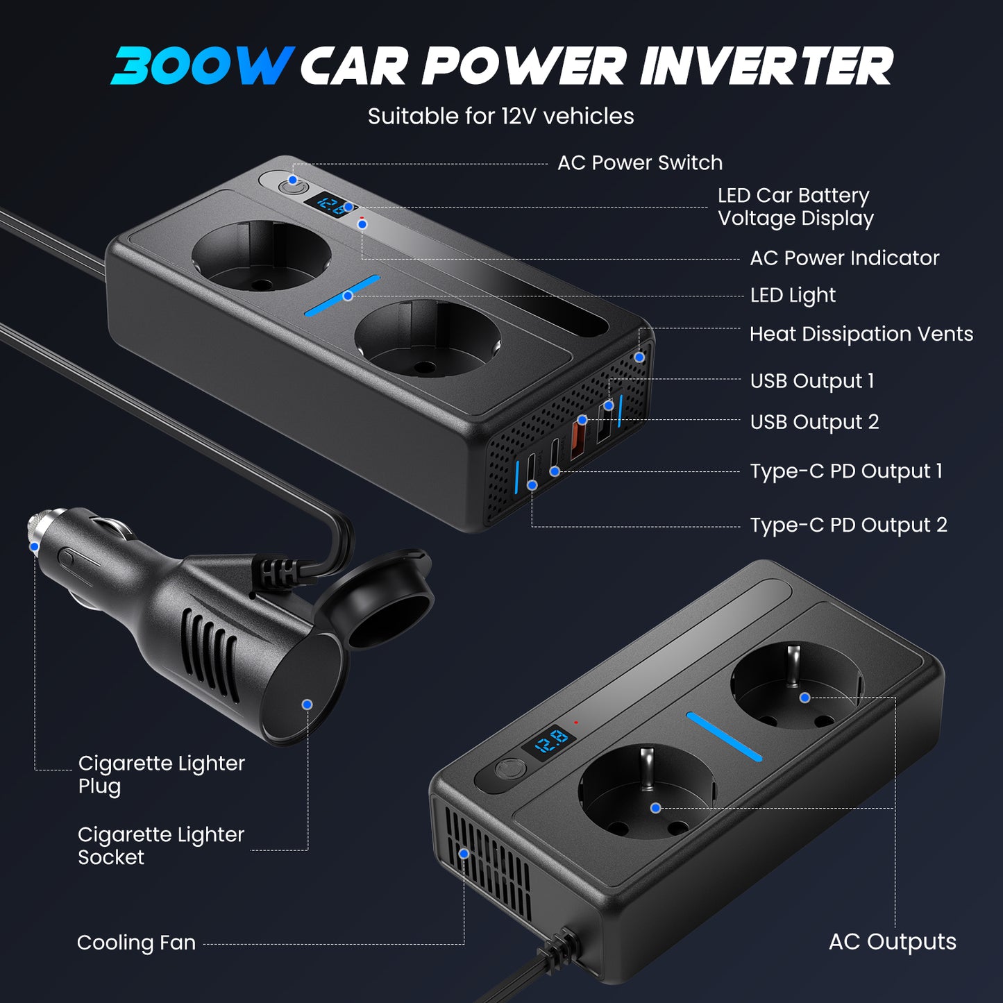 Convertisseur Voiture 12V vers 220V 300W – Onduleur avec 2 Prises Secteur et 2 USB