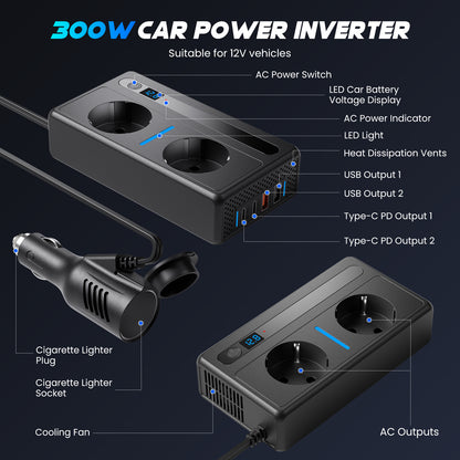Convertisseur Voiture 12V vers 220V 300W – Onduleur 2 Prises Secteur & 2 USB – Alimentation Appareil en Déplacement