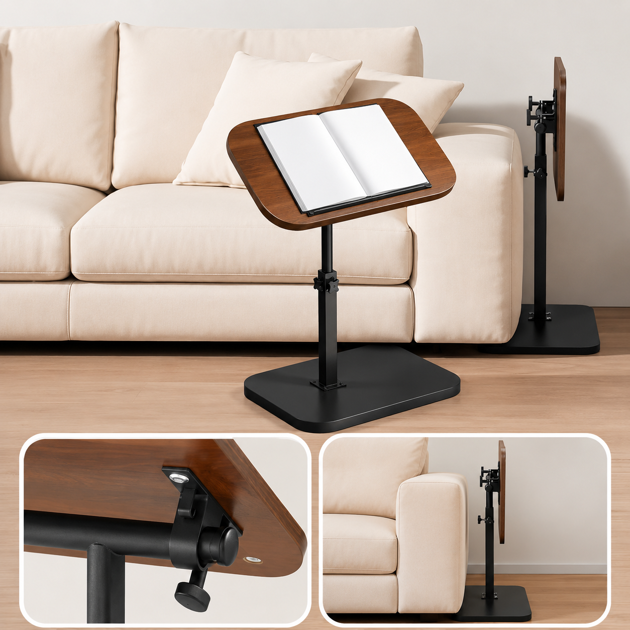 Table d'Appoint Réglable en Hauteur avec Plateau Inclinable – Table d'Ordinateur Portable pour Lit, Canapé et Salon – Support de Lecture Multifonction Gain de Place