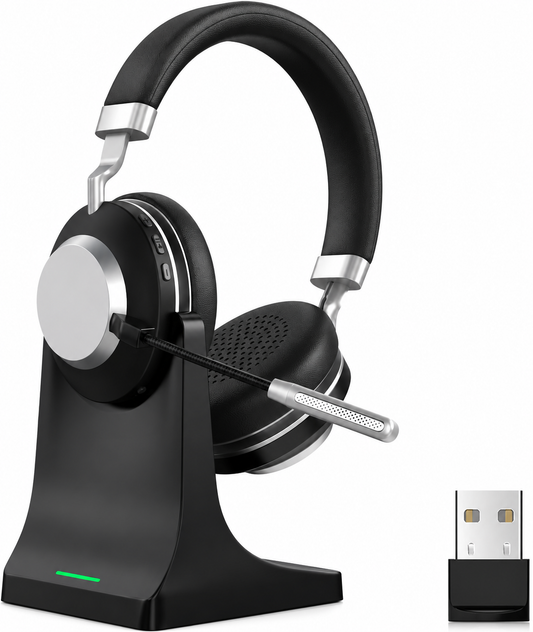 Casque Bluetooth Pro ANC – Bluetooth 5.3, Micro Anti-Bruit, Dongle USB, Station de Charge, 45h – Télétravail & Centre d’Appels