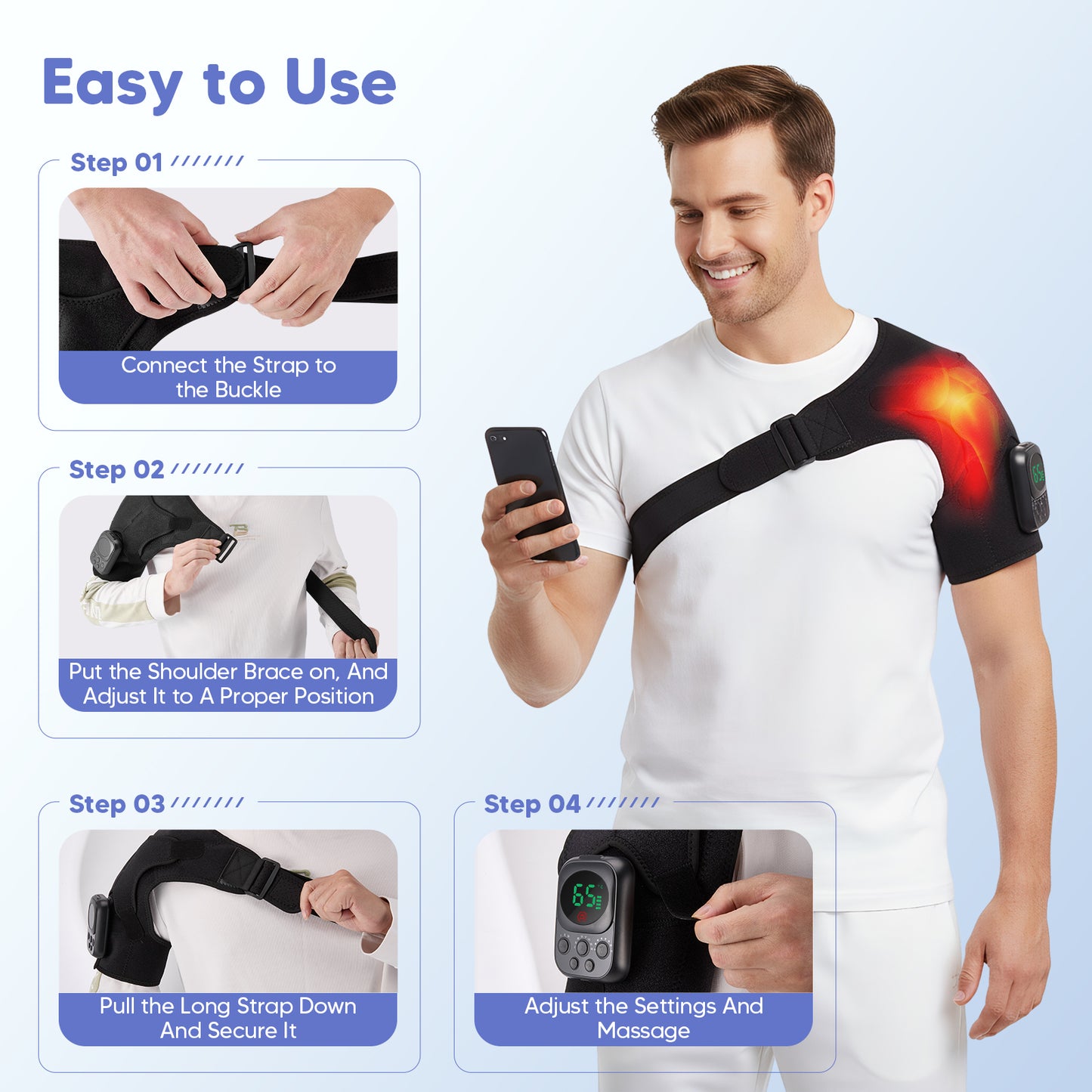Masseur d’épaule intelligent chauffant avec contrôle par application – 10 niveaux d’intensité