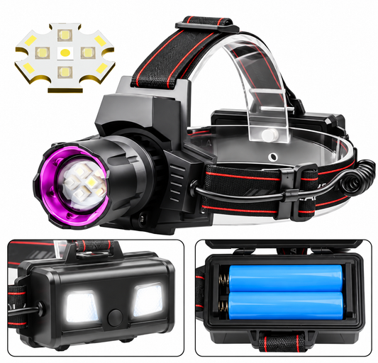 Lampe Frontale UV 395 nm & LED Blanche Rechargeable – Zoomable, Batterie 5200 mAh – Détection UV, Pêche, Camping & Extérieur