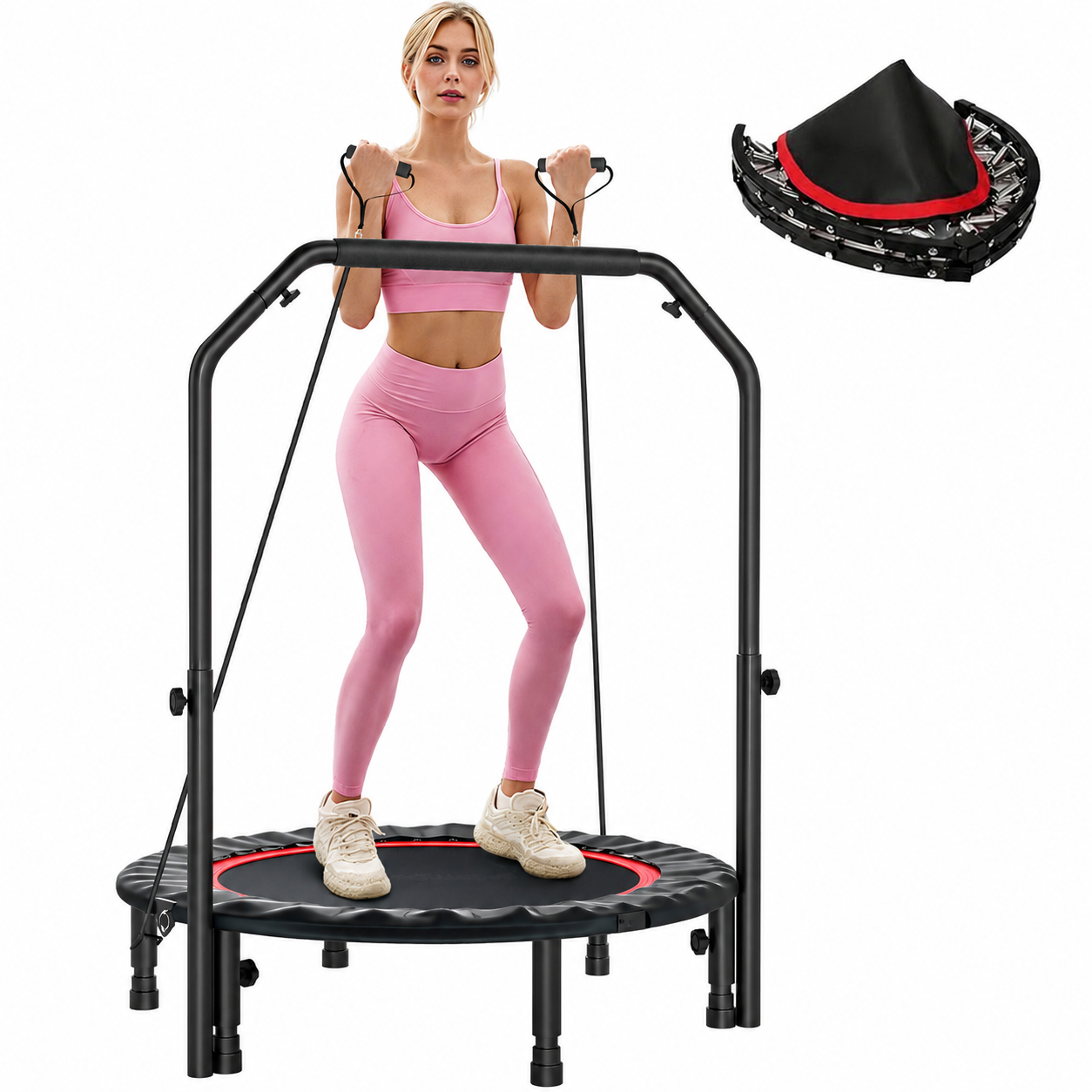 Mini Trampoline de Fitness 102 cm – Barre Réglable & Bandes de Résistance | Cardio & Musculation à Domicile
