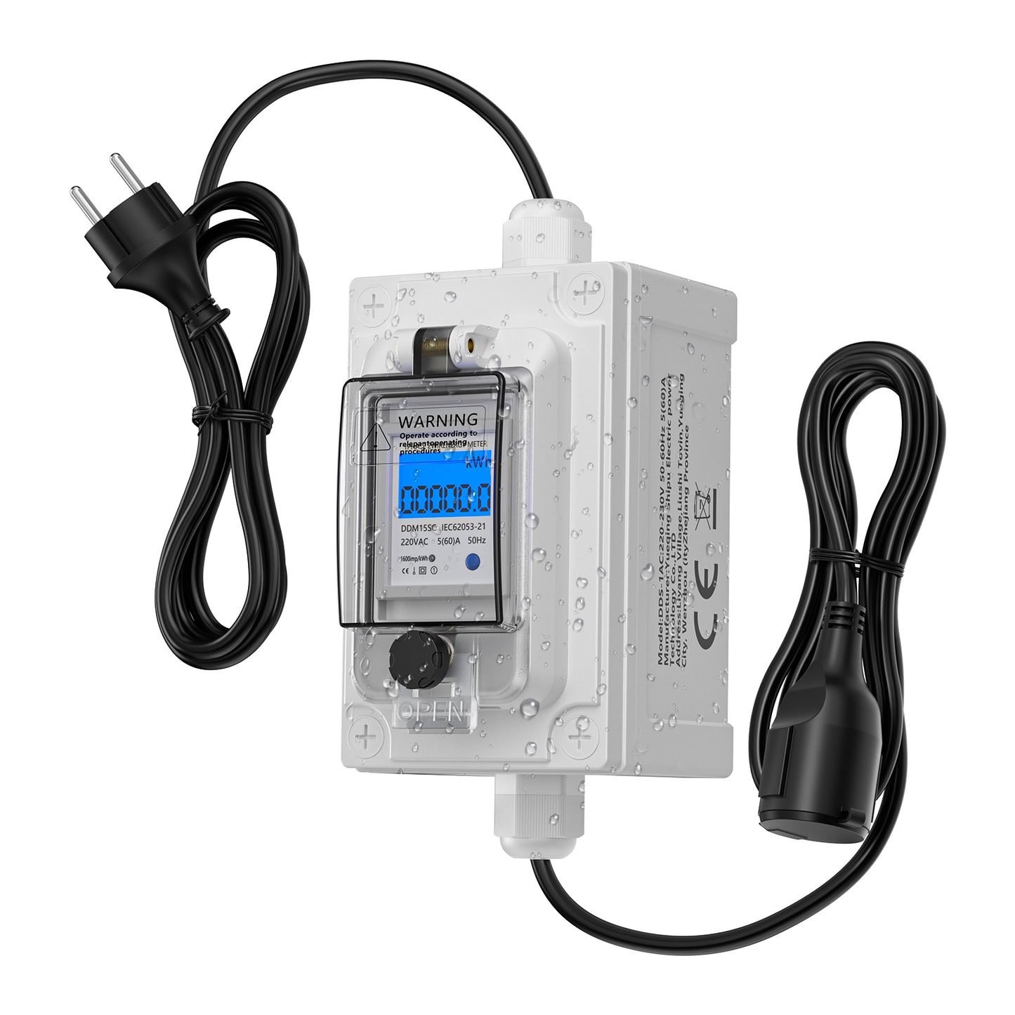 Compteur d’Énergie Électrique Portable 230V 60A IP67 avec Écran LCD et Prise Étanche Usage Extérieur