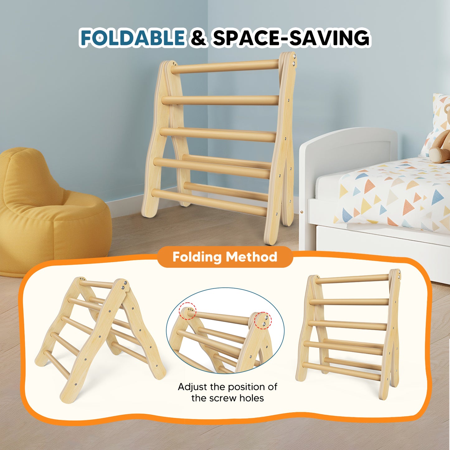 Triangle Escalade Enfant Bois Pliable – Aire de Jeu Montessori 1-3 Ans – Échelle Grimpe Intérieur
