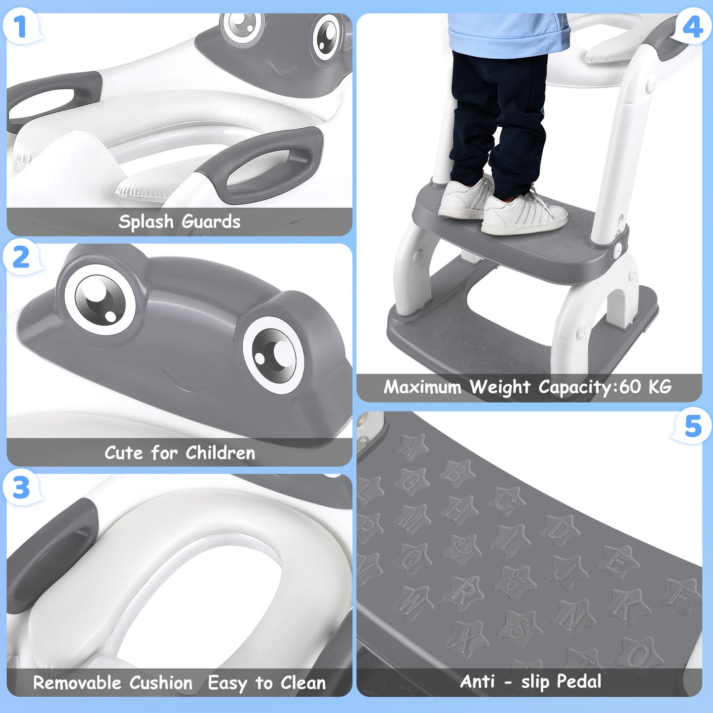Siège de Toilette Enfant avec Marche et Tabouret – Escabeau 2 Marches – Pédale Antidérapante – Poignées de Sécurité – Couleur Gris