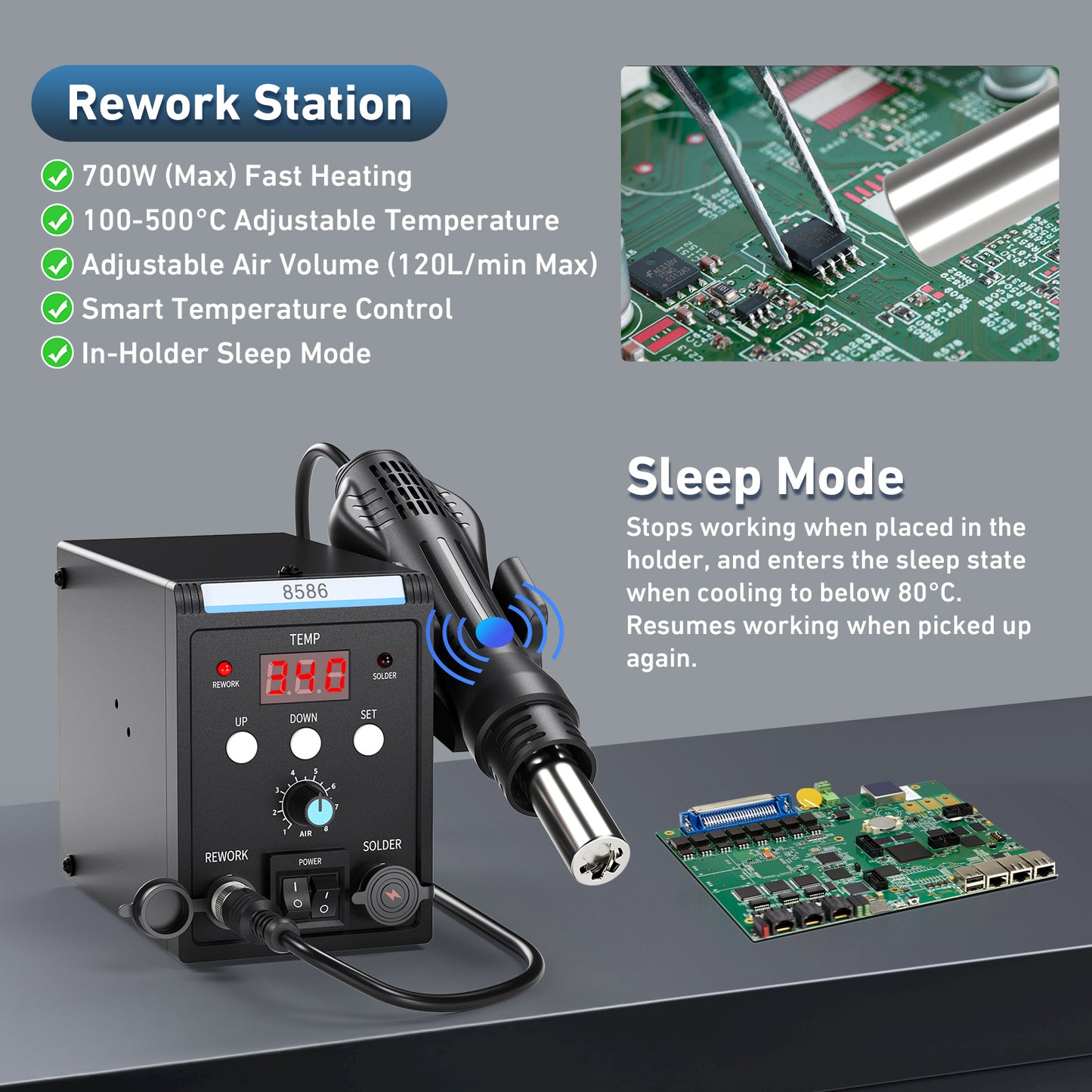 Station de Soudage 2 en 1 Numérique – Fer à Souder + Pistolet Air Chaud Antistatique SMD