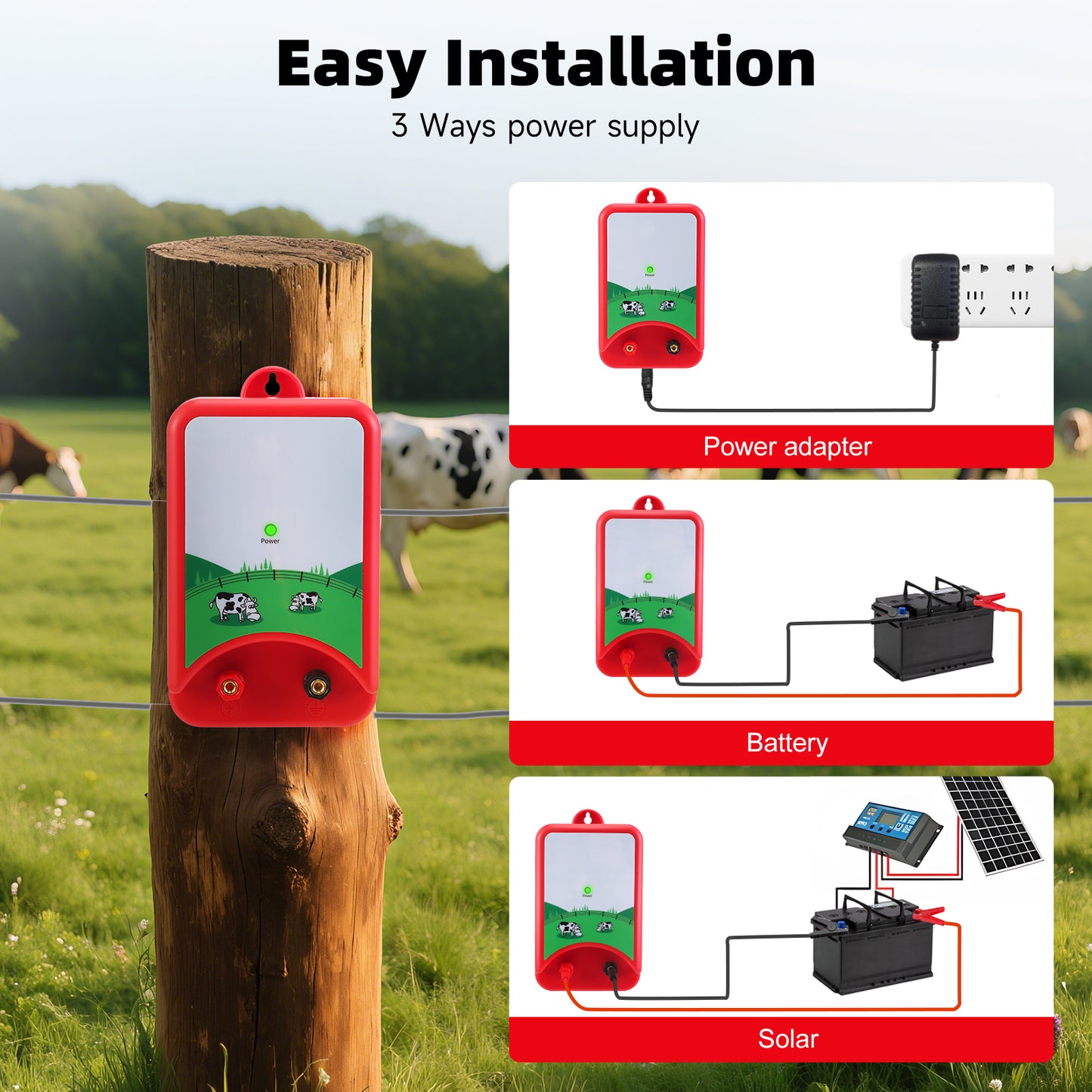 Kit Clôture Électrique 12V – Électrificateur 3KM – Pour Bétail, Mouton, Cheval, Volaille – Affichage LED, Installation Facile