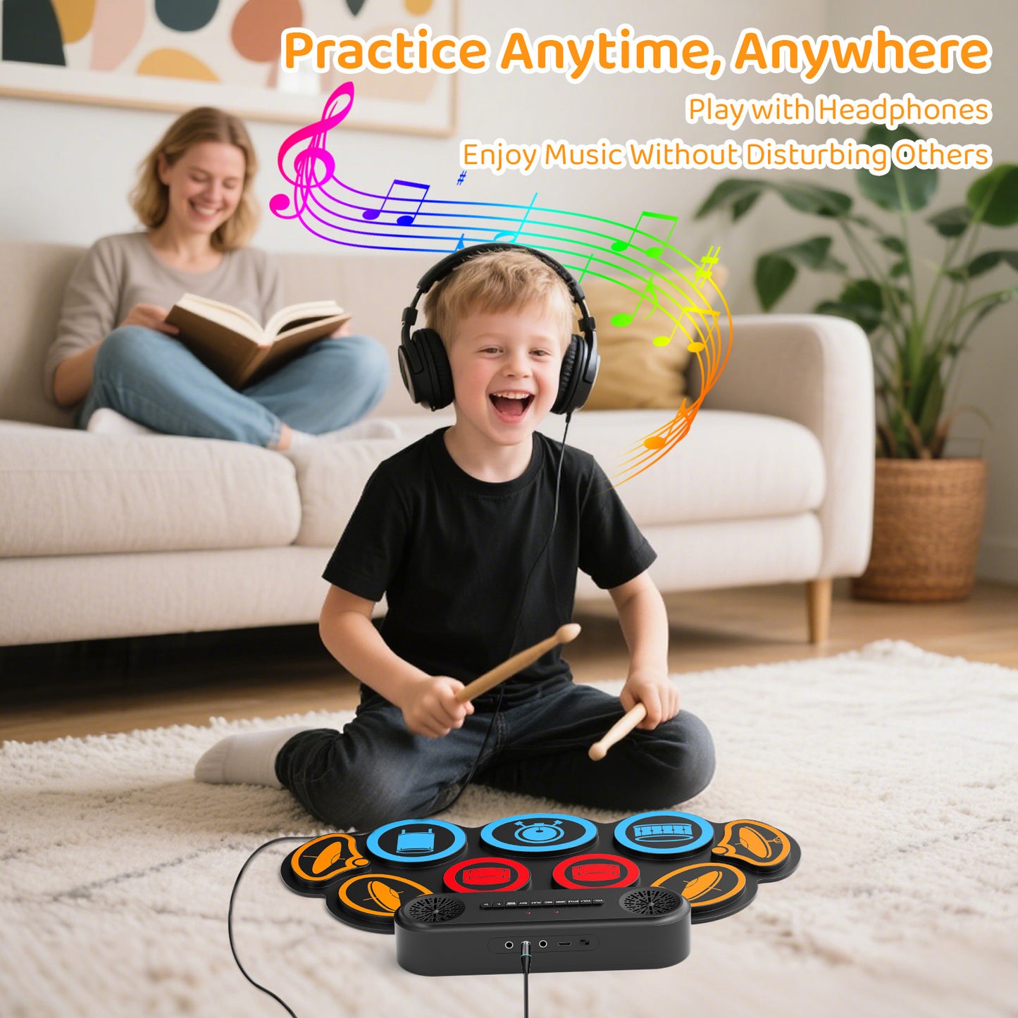 Batterie Électronique Enfant 9 Pads – Tapis de Batterie Musical Bluetooth avec Haut-Parleurs, 7 Styles, 6 Rythmes, Kit Batterie Portable avec Baguettes