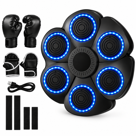 Machine de Boxe Musicale Murale – 6 Cibles LED Interactives – Fitness & Réflexes – Connexion Smartphone – Gants Inclus