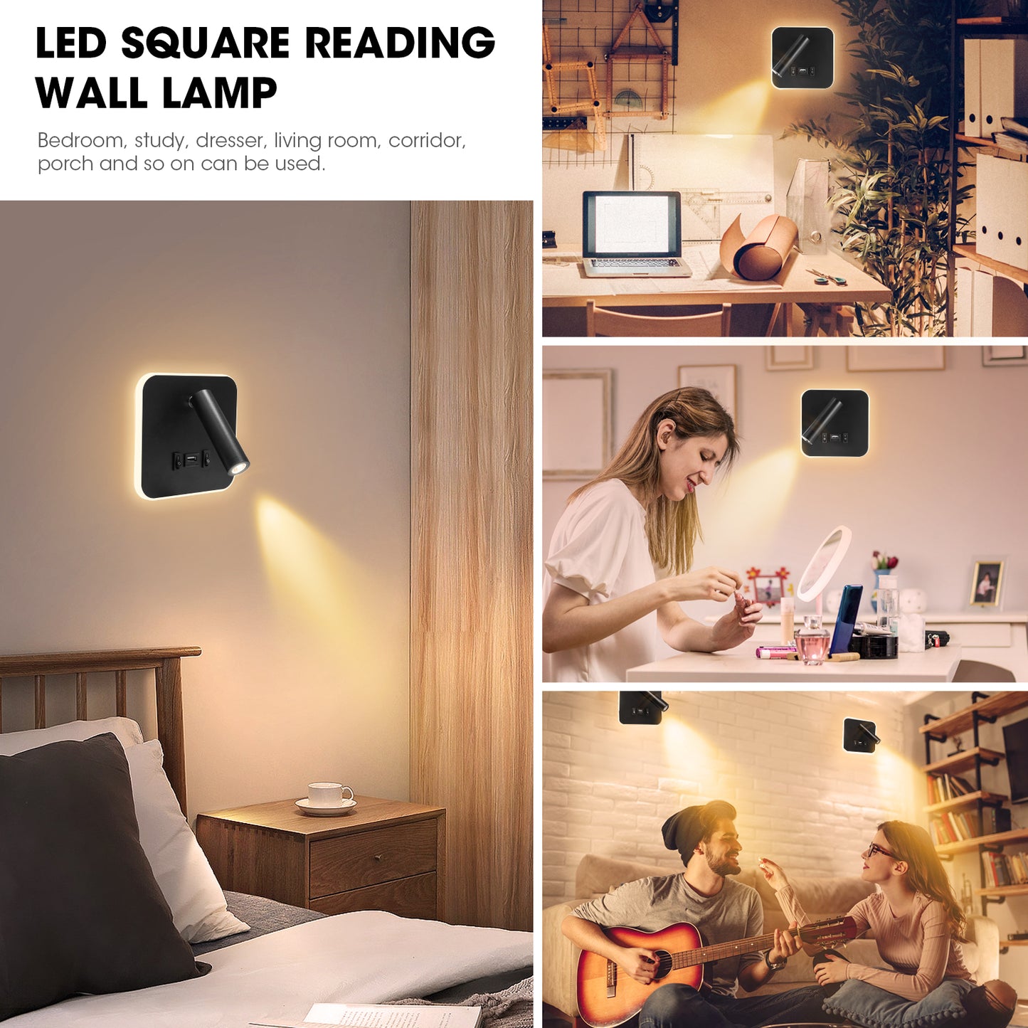 Lampe murale LED avec port USB pour lecture et chevet