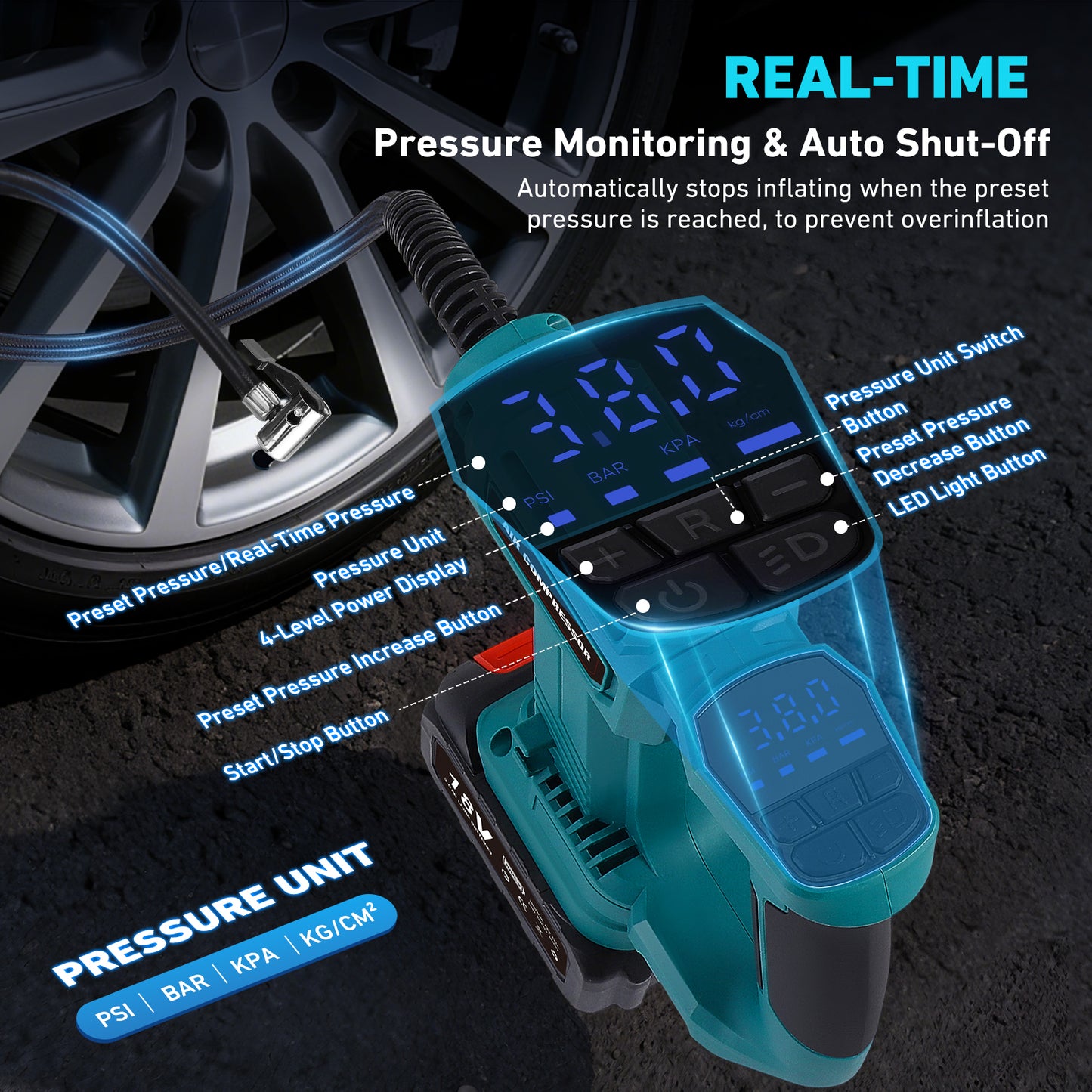 Gonfleur de Pneus Électrique Portable – Compresseur d’Air Sans Fil Voiture Moto Vélo – Rechargeable
