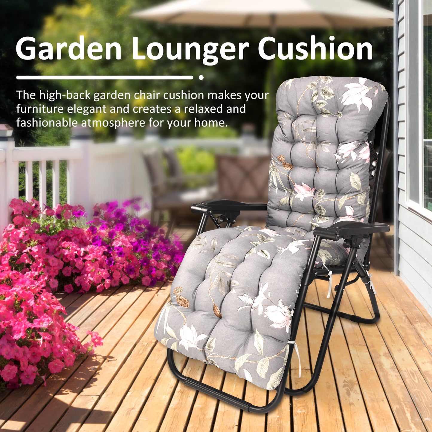 Coussin de Chaise Longue Épais – Coussin Jardin avec Housse Antidérapante et Fixation