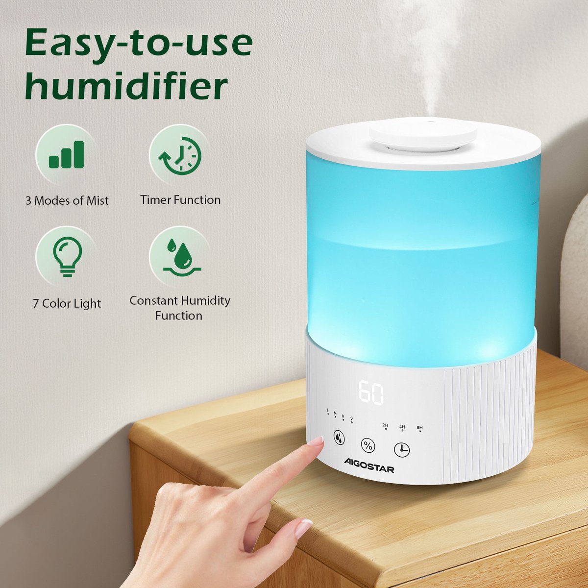 Humidificateur d’Air 2,5L Ultrasonique – Diffuseur d’Huiles Essentielles, Silencieux, Réglage d’Humidité, Autonomie Longue Durée