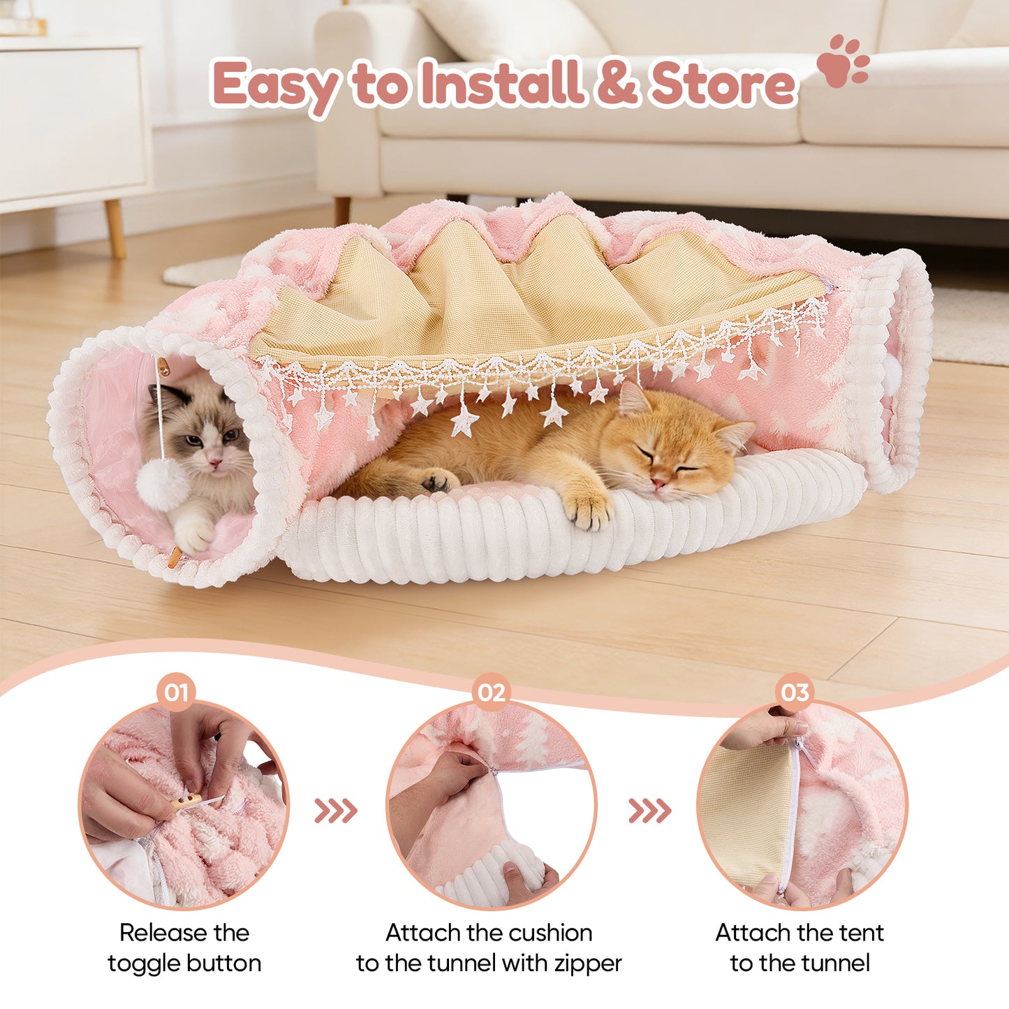 Lit Tunnel Chat 2-en-1 Pliable – Tente Amovible Peluche Douce – Tunnel de Jeu et Repos Chat