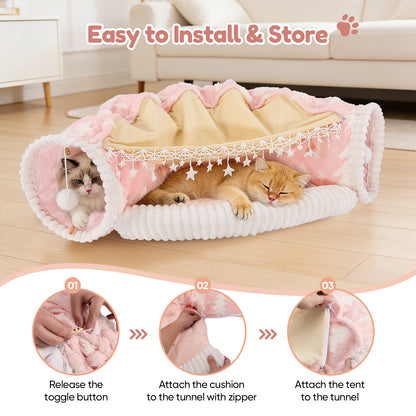 2-in-1 Foldable Cat Tunnel Bed – Removable Soft Plush Tent – Play and Rest Tunnel for Cats