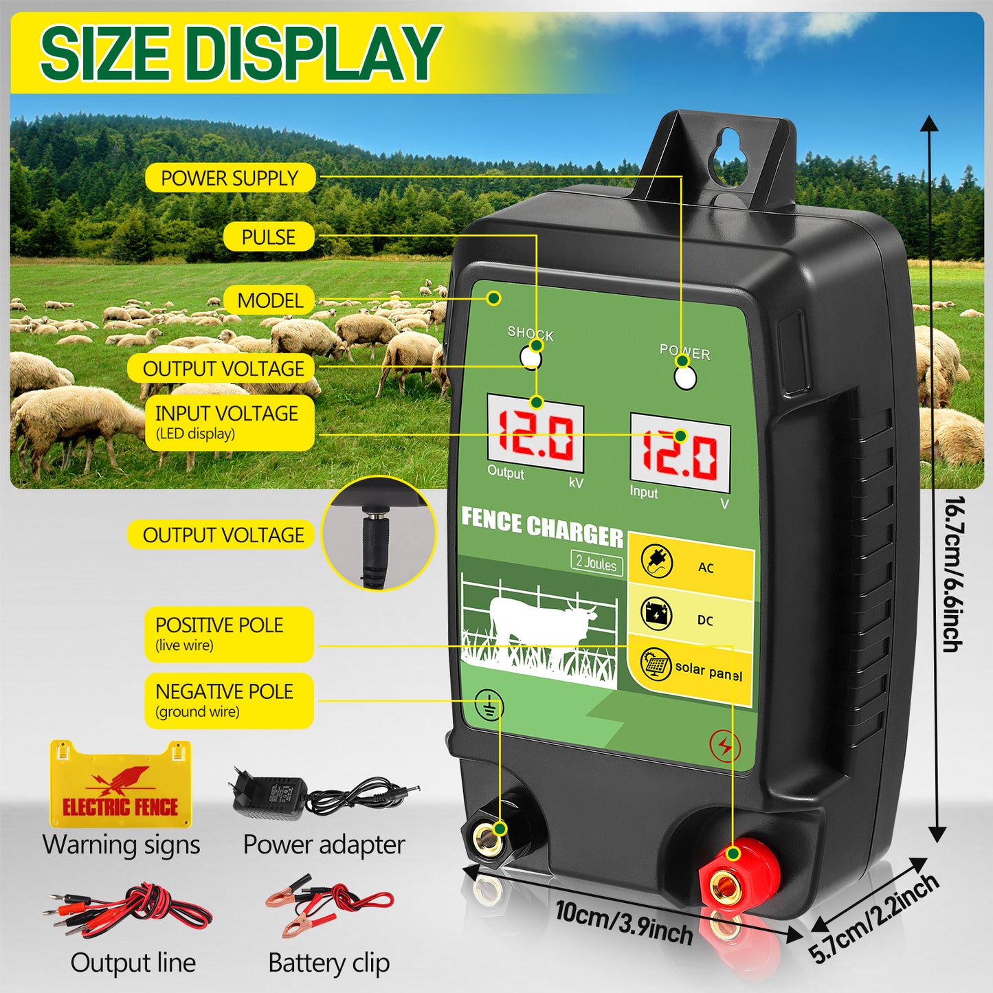 Électrificateur de Clôture 7,5 km – Sortie 2J – Alimentation 12V / AC / Solaire pour Bétail et Volailles