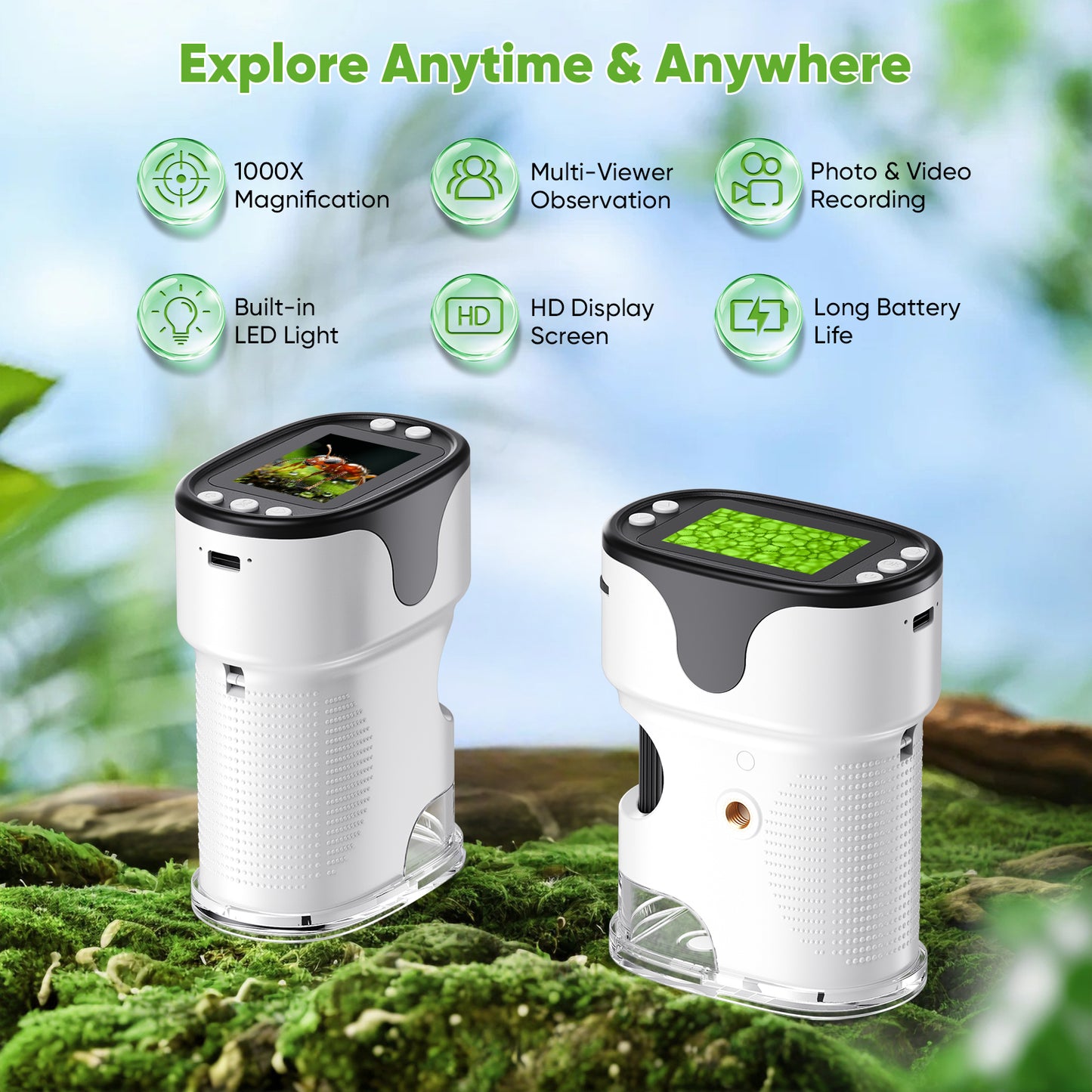 Microscope Numérique 1000X avec Écran 2" – Mini Microscope Portable 4K USB Enfants