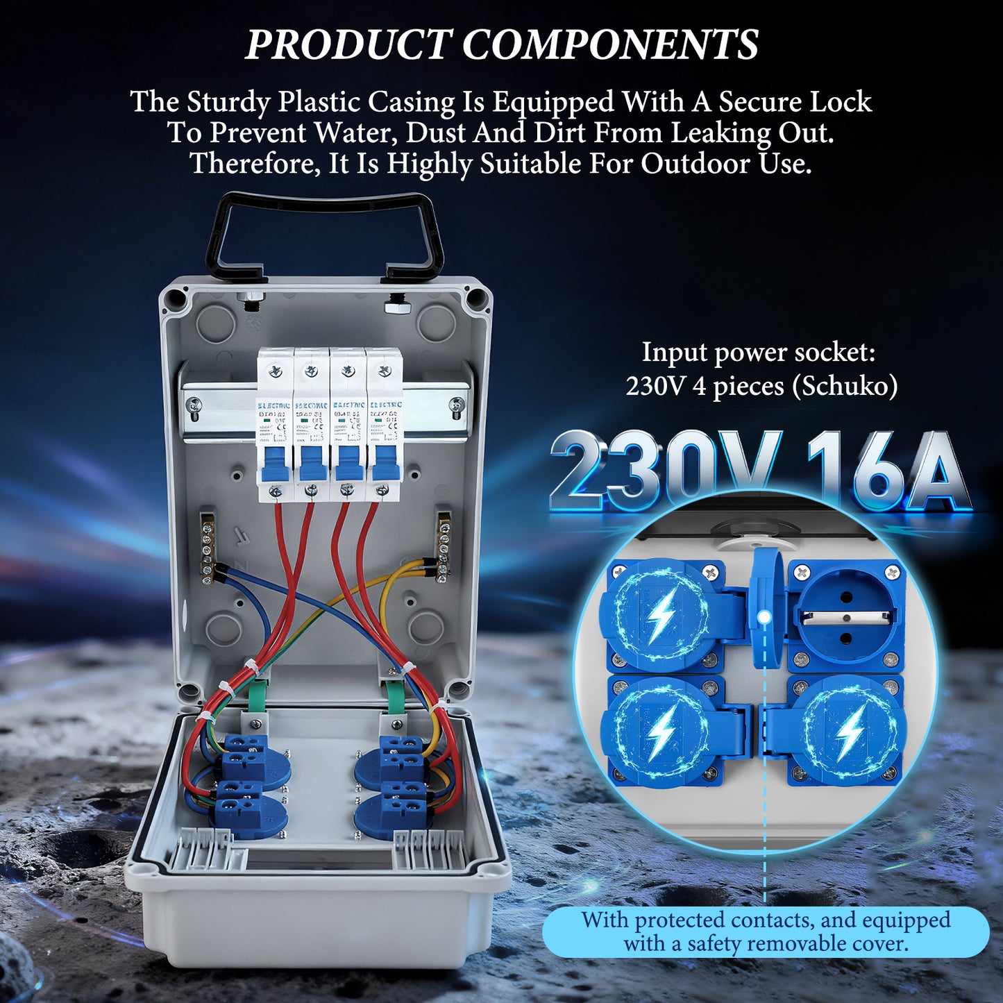 Boîte Distribution Électrique 230V 16A – Coffret IP44 4 Prises Schuko Étanche Murale