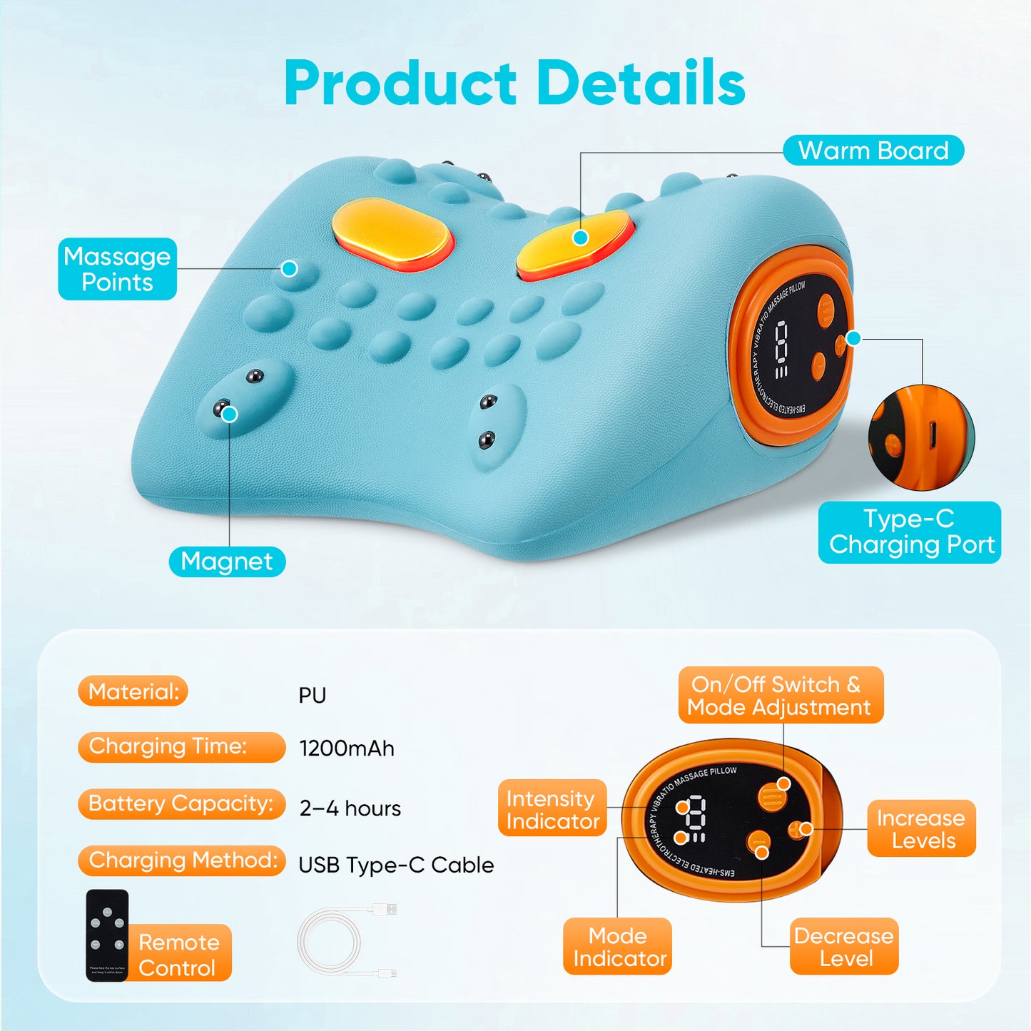 Oreiller de massage électrique 3-en-1 pour le cou avec EMS, vibration et chaleur réglable