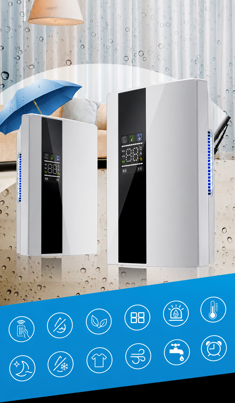 Déshumidificateur d'Air Électrique 2,2L 220V – Écran Numérique, Télécommande, Minuterie & Mode Nuit – Blanc