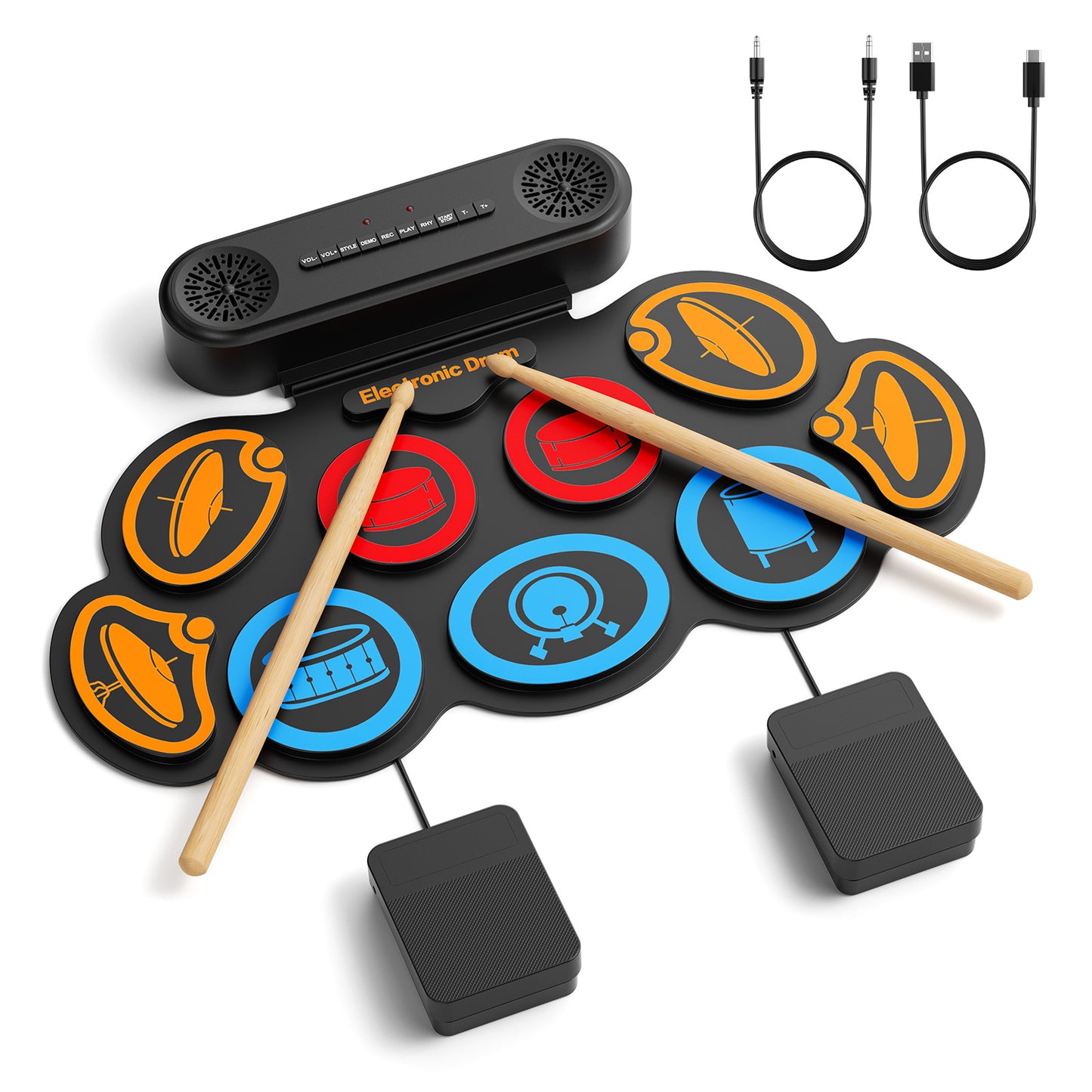Batterie Électronique Enfant 9 Pads – Tapis de Batterie Musical Bluetooth avec Haut-Parleurs, 7 Styles, 6 Rythmes, Kit Batterie Portable avec Baguettes