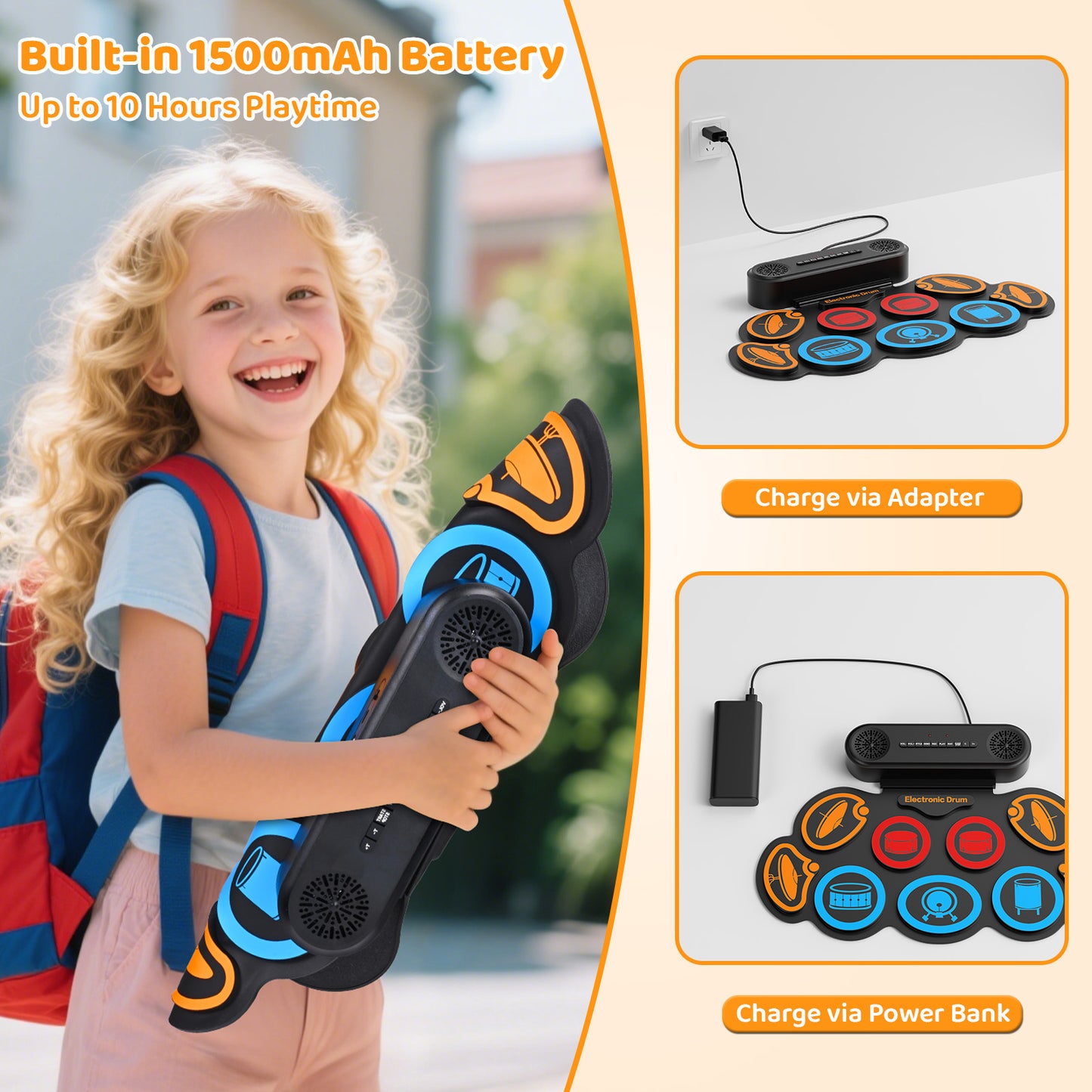 Batterie Électronique Enfant 9 Pads – Tapis de Batterie Musical Bluetooth avec Haut-Parleurs, 7 Styles, 6 Rythmes, Kit Batterie Portable avec Baguettes