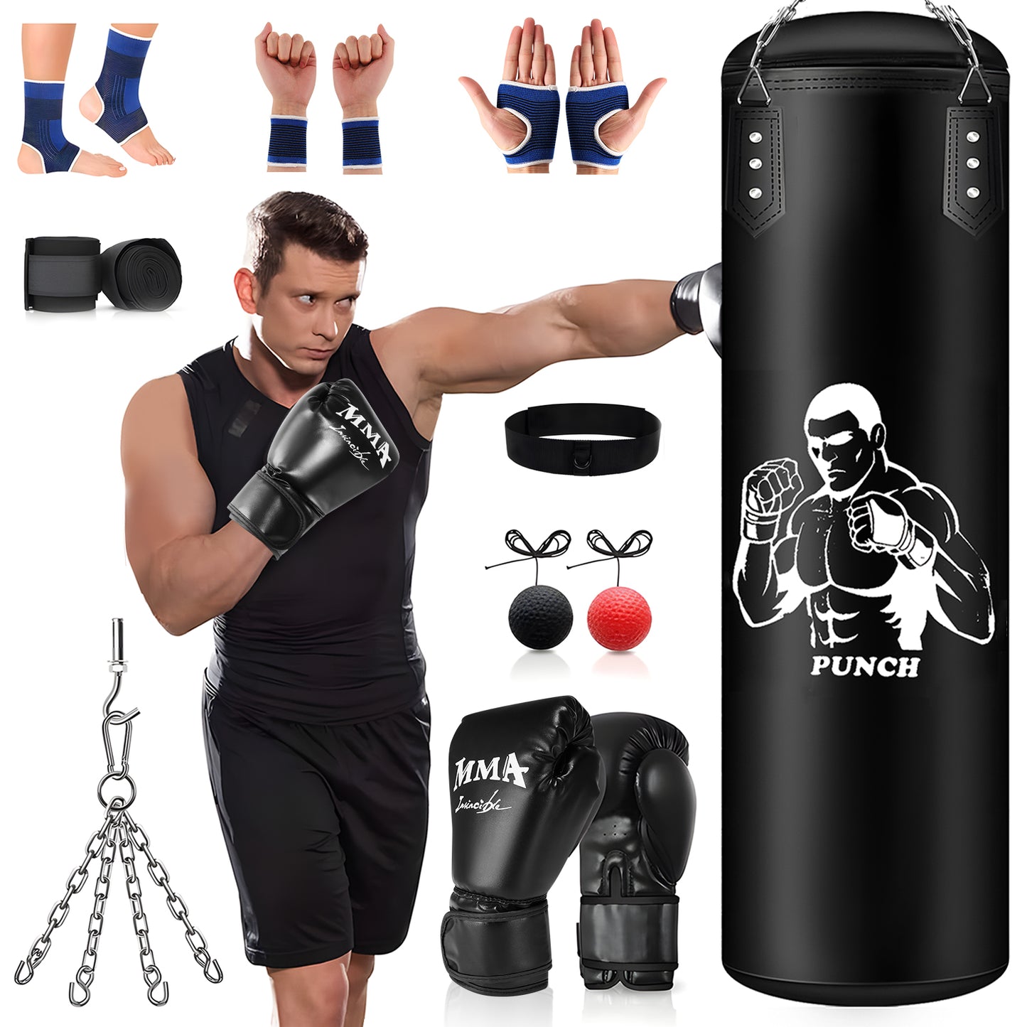 Sac de Frappe 120 cm avec Gants et Accessoires – Sac de Boxe pour Entraînement Fitness et MMA – Suspension Incluse – Adulte Débutant Confirmé