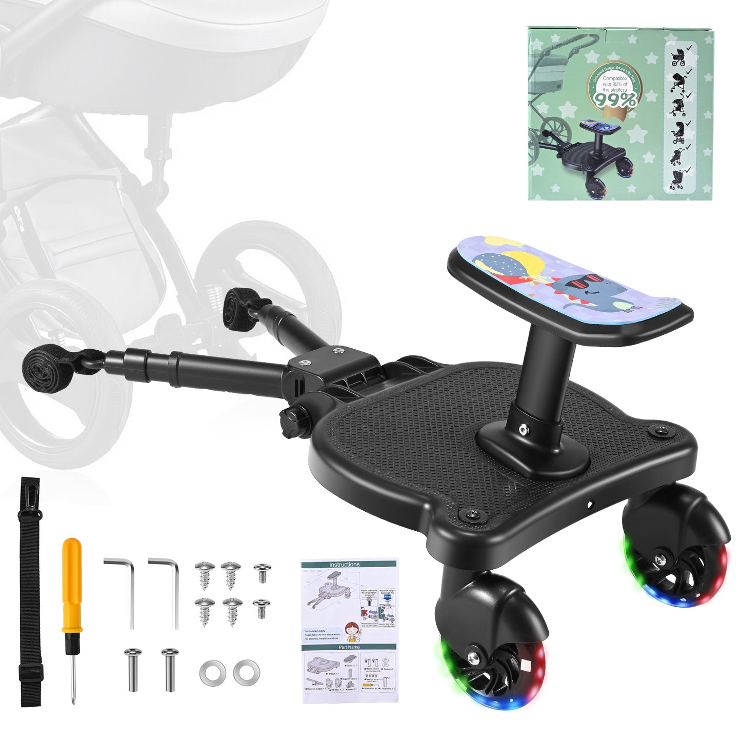Plateforme Poussette Universelle avec Siège – Marchepied Enfant pour Poussette Double