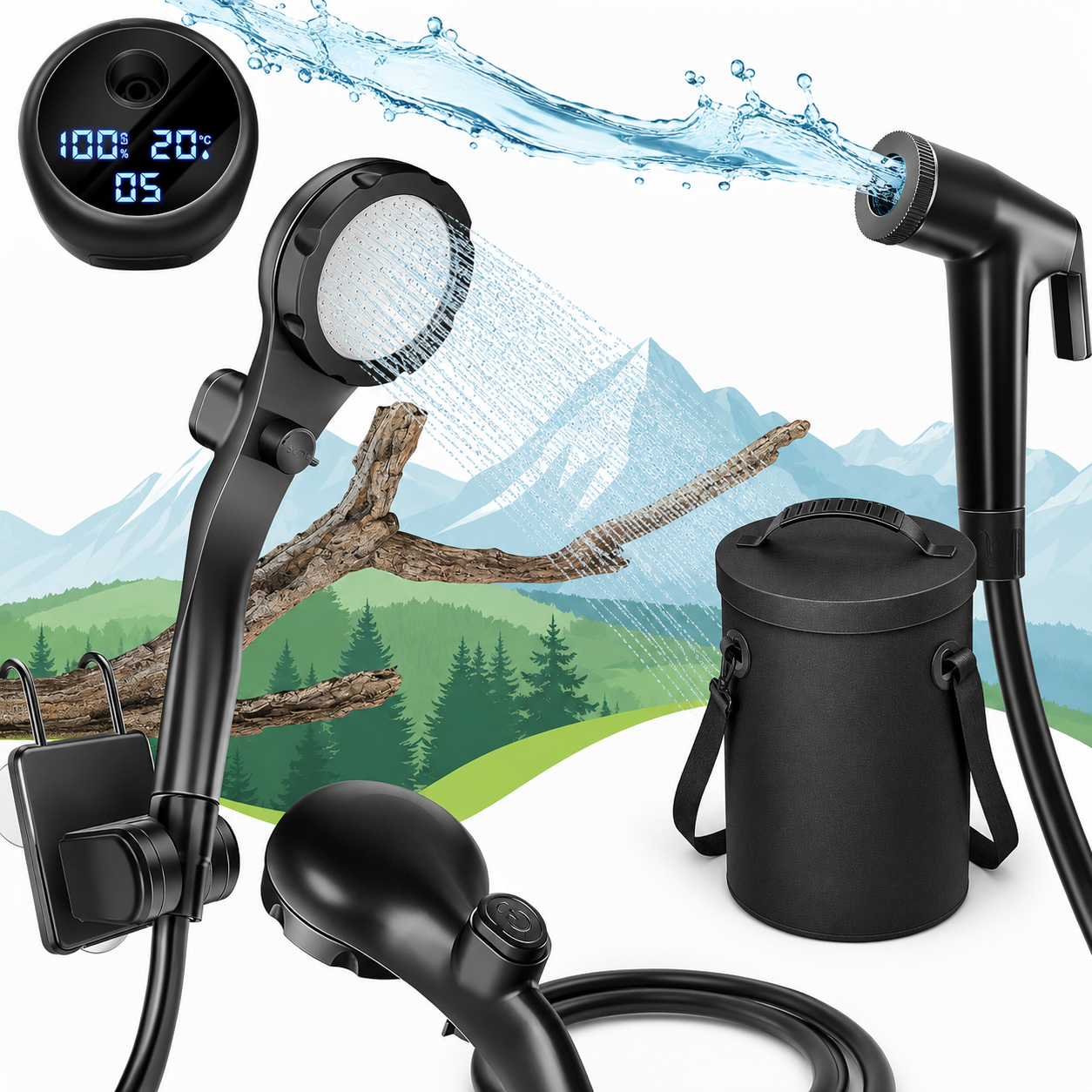 Kit Douche de Camping Portable – Pompe Rechargeable 4000 mAh, Réservoir 20 L, Pommeau Réglable, Tuyau 2 m