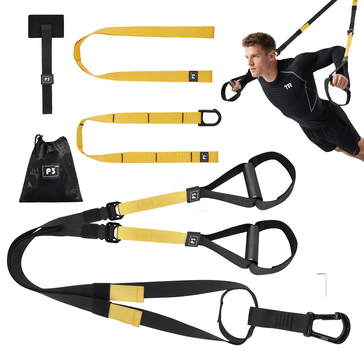 Ceinture d’Entraînement de Suspension 320 kg – Sangles de Fitness Réglables – Système de Tension pour Musculation et Gym à Domicile – Couleur Jaune