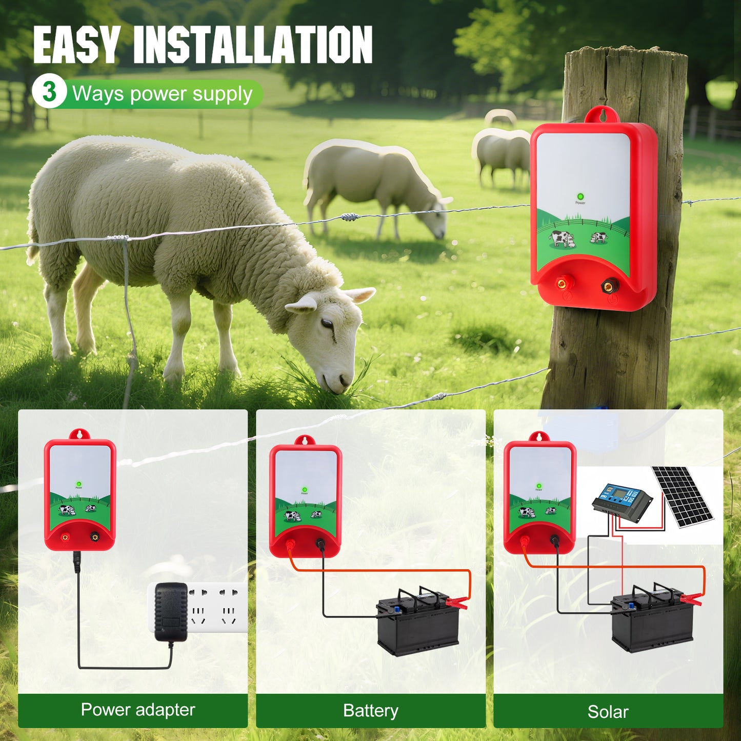 Kit Clôture Électrique 12V – Électrificateur 3KM – Pour Bétail, Mouton, Cheval, Volaille – Affichage LED, Installation Facile