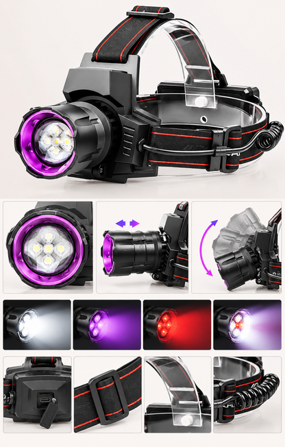 Lampe Frontale UV 395 nm & LED Blanche Rechargeable – Zoomable, Batterie 5200 mAh – Détection UV, Pêche, Camping & Extérieur