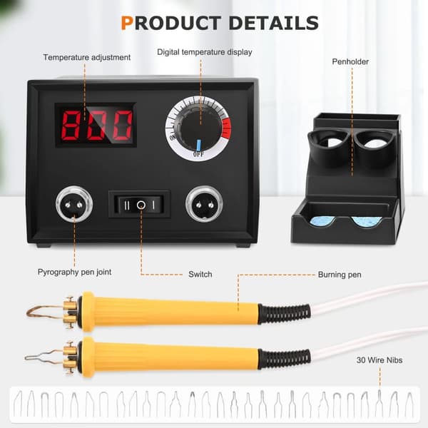 Machine de Pyrogravure 60W – Kit Stylo Bois avec 30 Pointes et 2 Stylos – Outil Gravure Électrique
