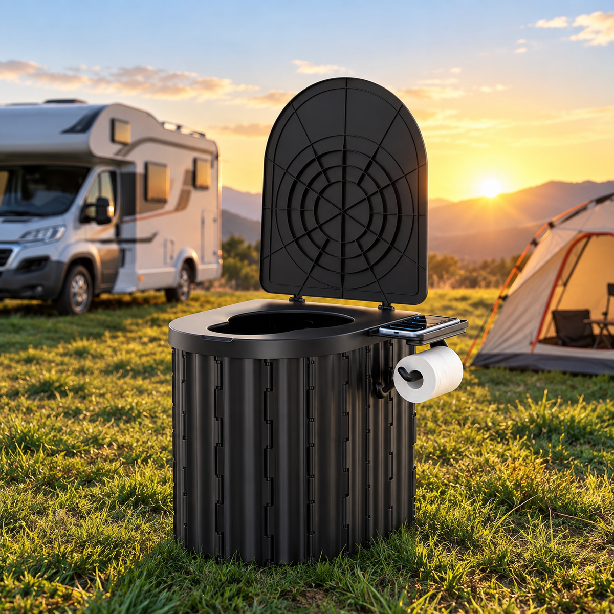 Toilette Portable Pliable avec Couvercle – WC de Camping Compact ABS – Voyage, Randonnée, Van & Urgence – Noir