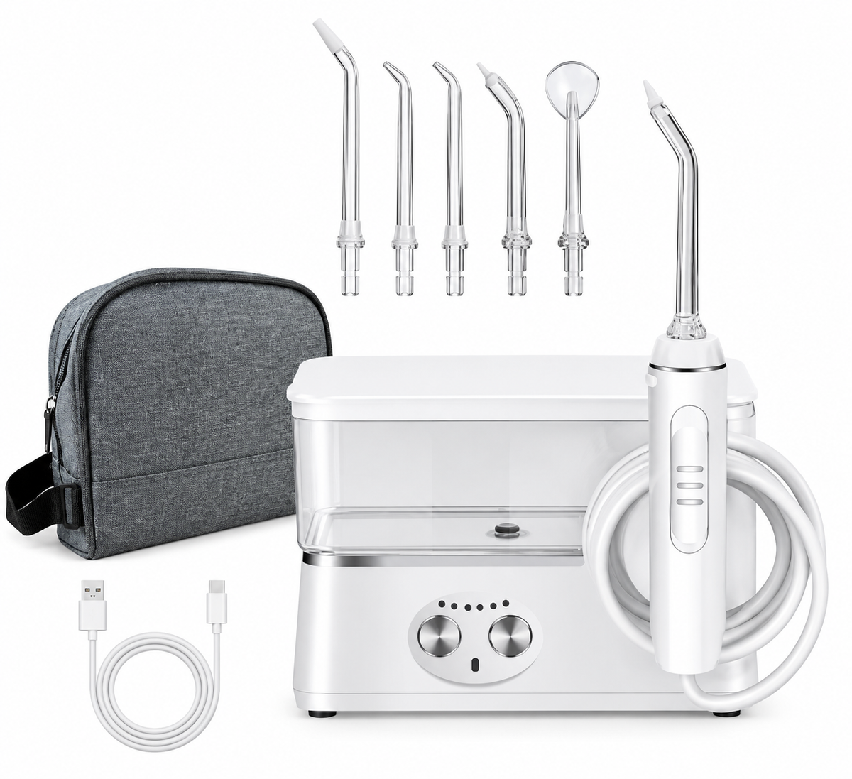 Hydropulseur Dentaire Portable 570ml – Irrigateur Buccal USB Rechargeable – 6 Modes & 5 Embouts – Nettoyage Interdentaire Haute Pression
