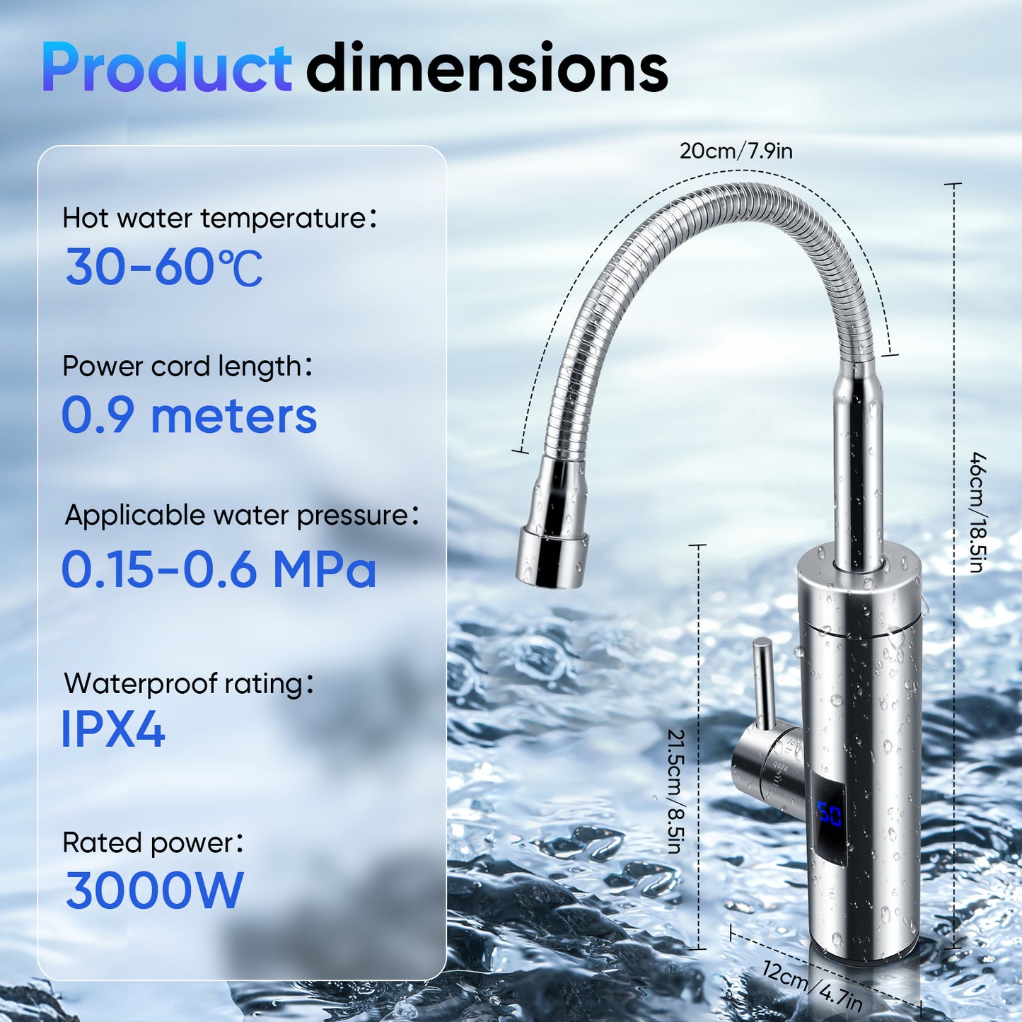 Robinet Chauffe-Eau Instantané 3000W – Chauffage Eau Cuisine Salle de Bain Sans Réservoir Inox