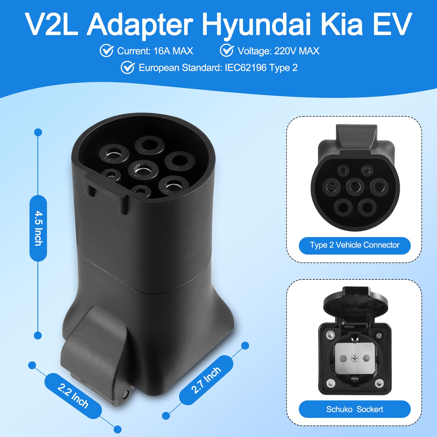 Adaptateur V2L 3.5KW 16A 220V – Alimentation Véhicule Électrique Extérieur IP44 – Prise Courant Voiture EV