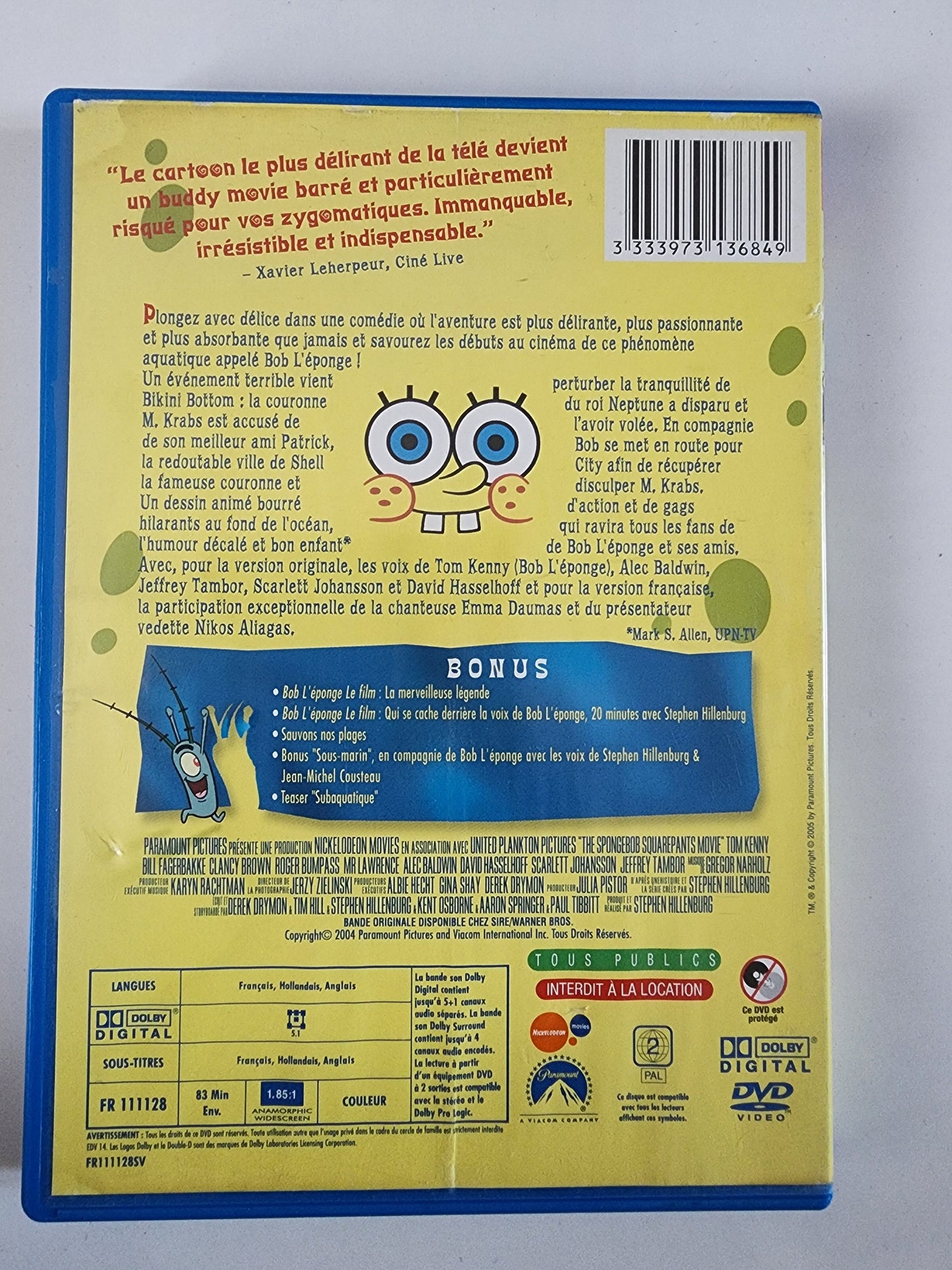 Le Bob L'Éponge Film DVD - Dos de la pochette avec synopsis et bonus