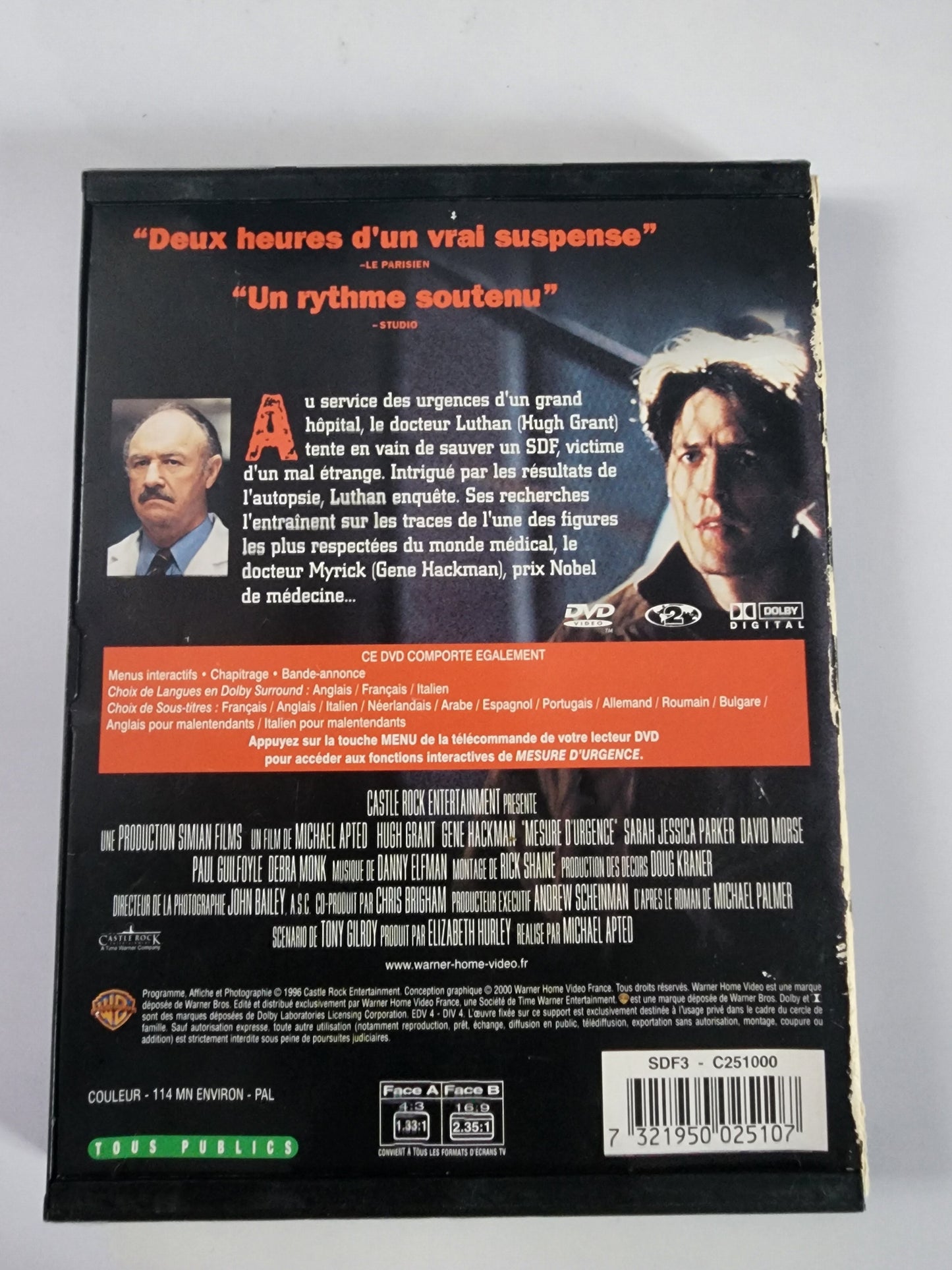 Mesure d'Urgence DVD - Pochette avant avec Hugh Grant et Gene Hackman