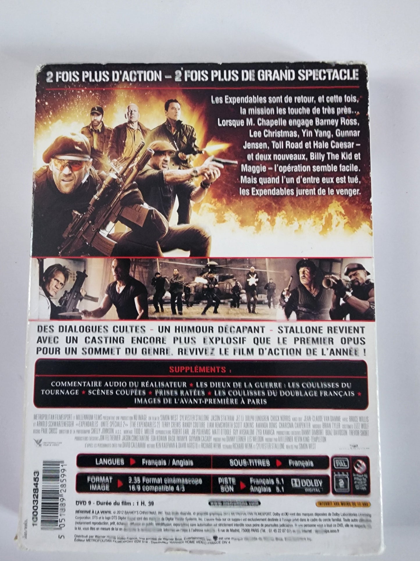 Expendables 2 DVD - Dos de la pochette avec synopsis et suppléments