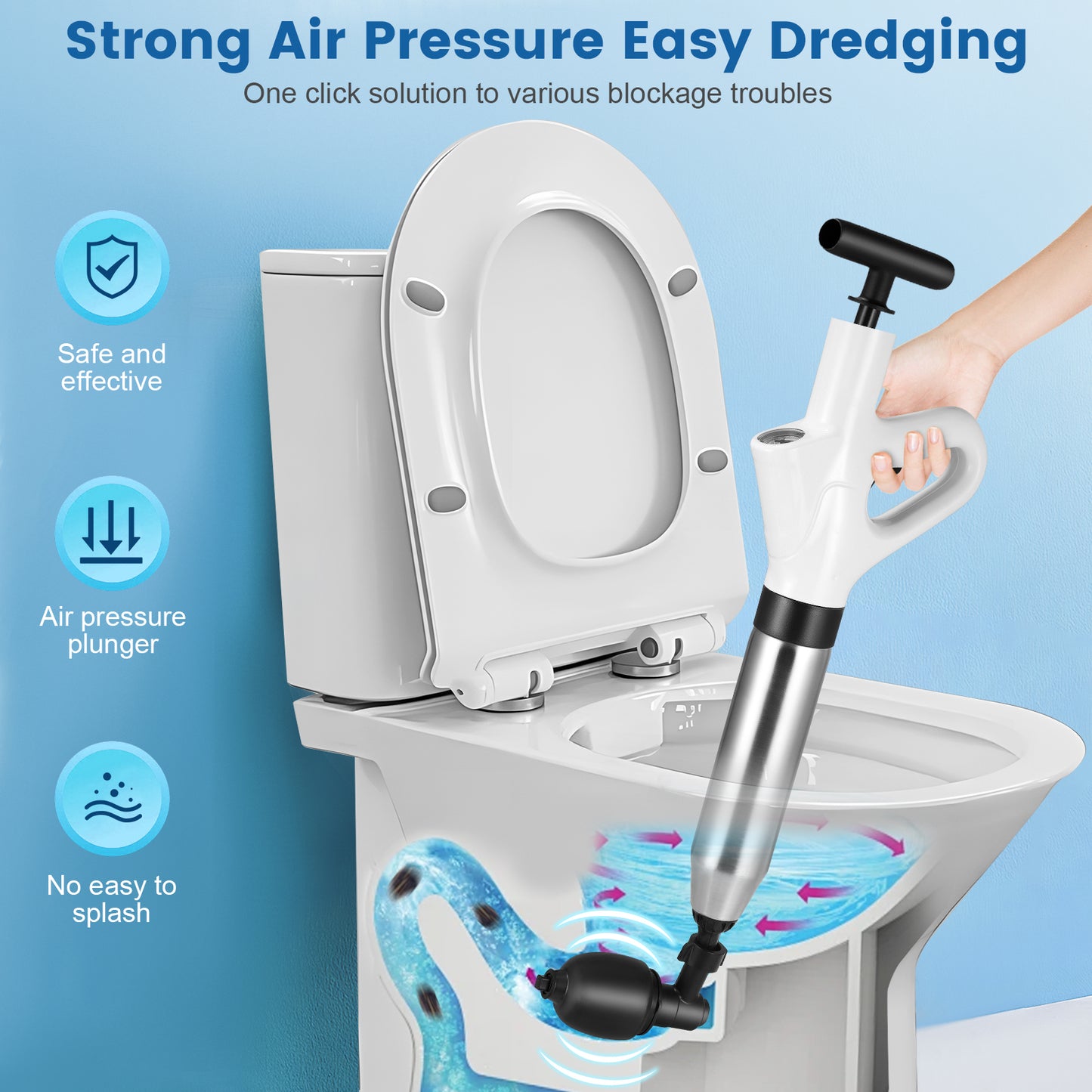Déboucheur Manuel Haute Pression pour Toilettes et Canalisations – Pompe Débouchage Puissante avec Indicateur de Pression – Outil Débouchage Évier, WC, Salle de Bain