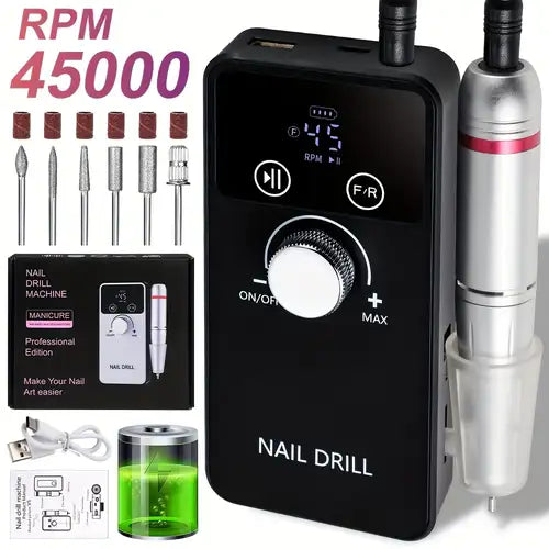Ponceuse à Ongles Électrique 45000 RPM Rechargeable – Nail Drill Professionnel avec Embouts et Écran LCD – Lime à Ongles Gel UV